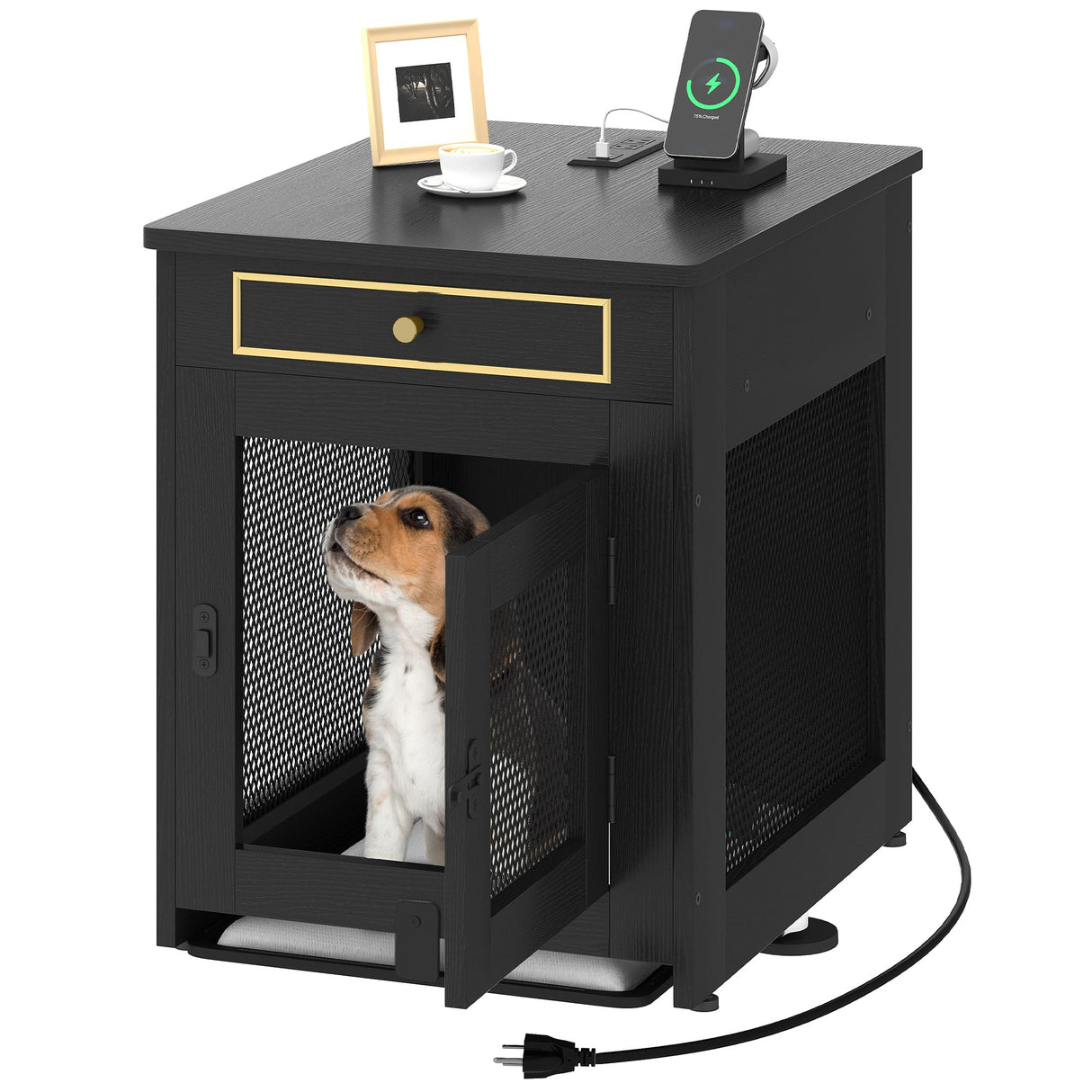 DWVO Dog Kennel Furniture with Dual USB Charger, Dog Crate End Table with Tray, Wooden Dog Crate Furniture with Cushion for Small Dogs, Black DWVO