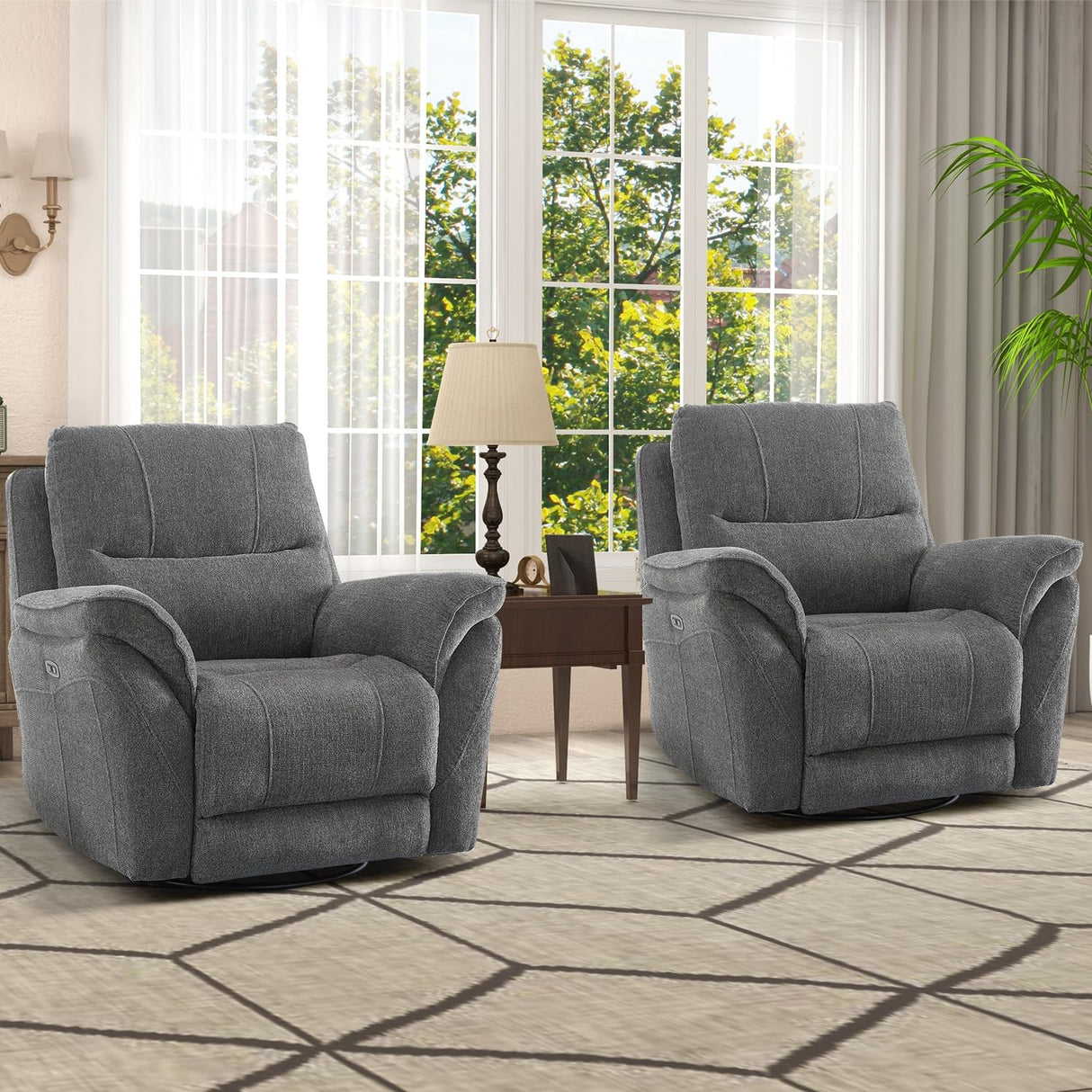 INZOY Glider Recliner Nursery Chair, Power Recliner Swivel Gider, Fabric Electric Swivel Recliner Rocker with Overstuffed Backrest, Power Recliner Chair Reclining Sofa for Living Room, Grey INZOY