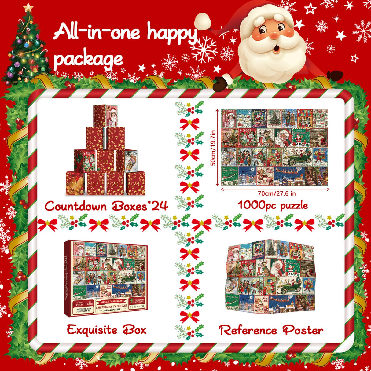 Christmas Advent Calendar Puzzle 1000 Piece for Adult, Christmas Countdown Calendar 2024 Jigsaw Puzzle, Holiday Santa Puzzle for Adult 1000 Piece BBOLDIN