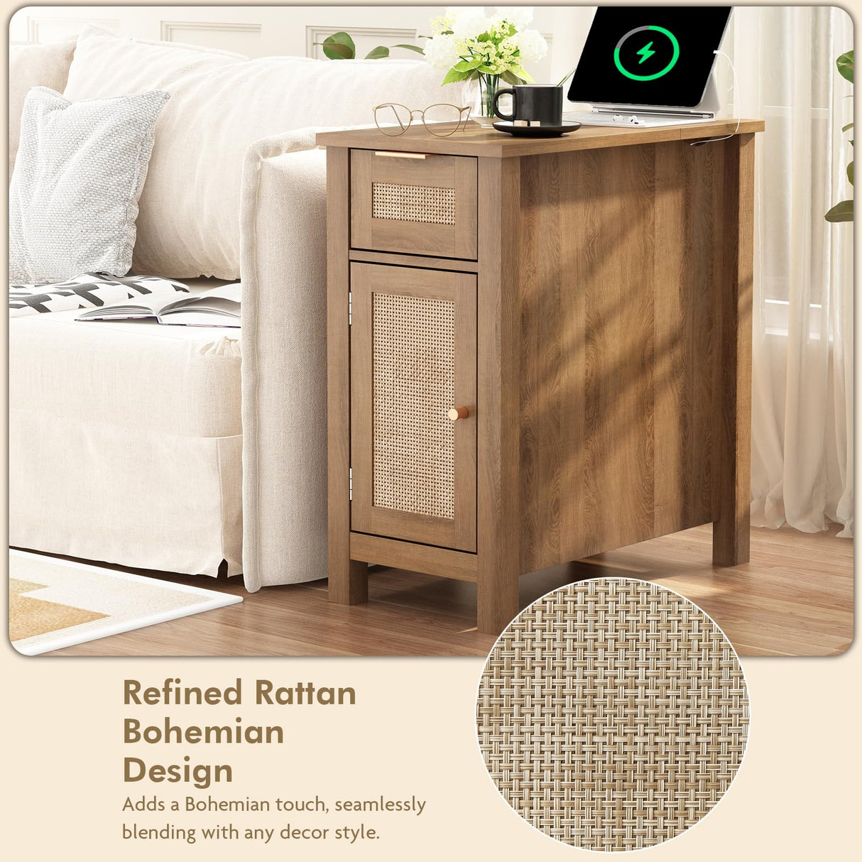 Narrow End Table with Charging Station - Midcentury Rattan Slim Side Table with USB Ports and Power Outlets, Nightstand with Flip Top and Storage Drawer, for Small Spaces Living Room Bedroom, Set of 2 WINWY