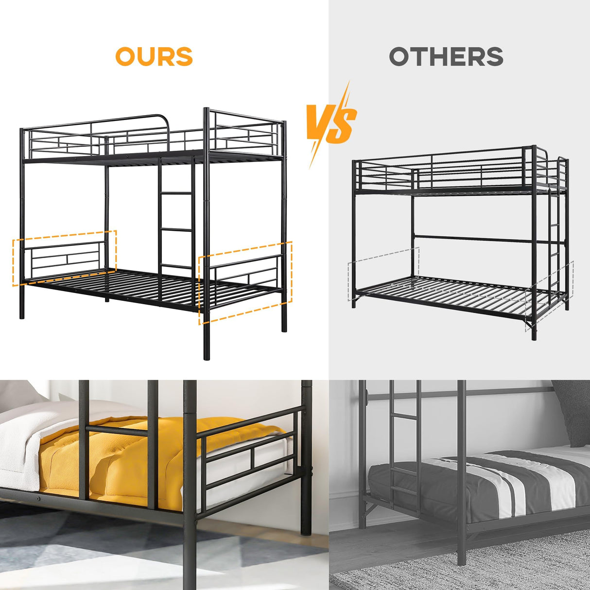 Merax Bunk Bed with Ladder and high Guardrail, Able to Split, Metal Bunk Bed, Storage Space, Noise Free,Twin Over Twin Size Bunk Bed,Black Merax