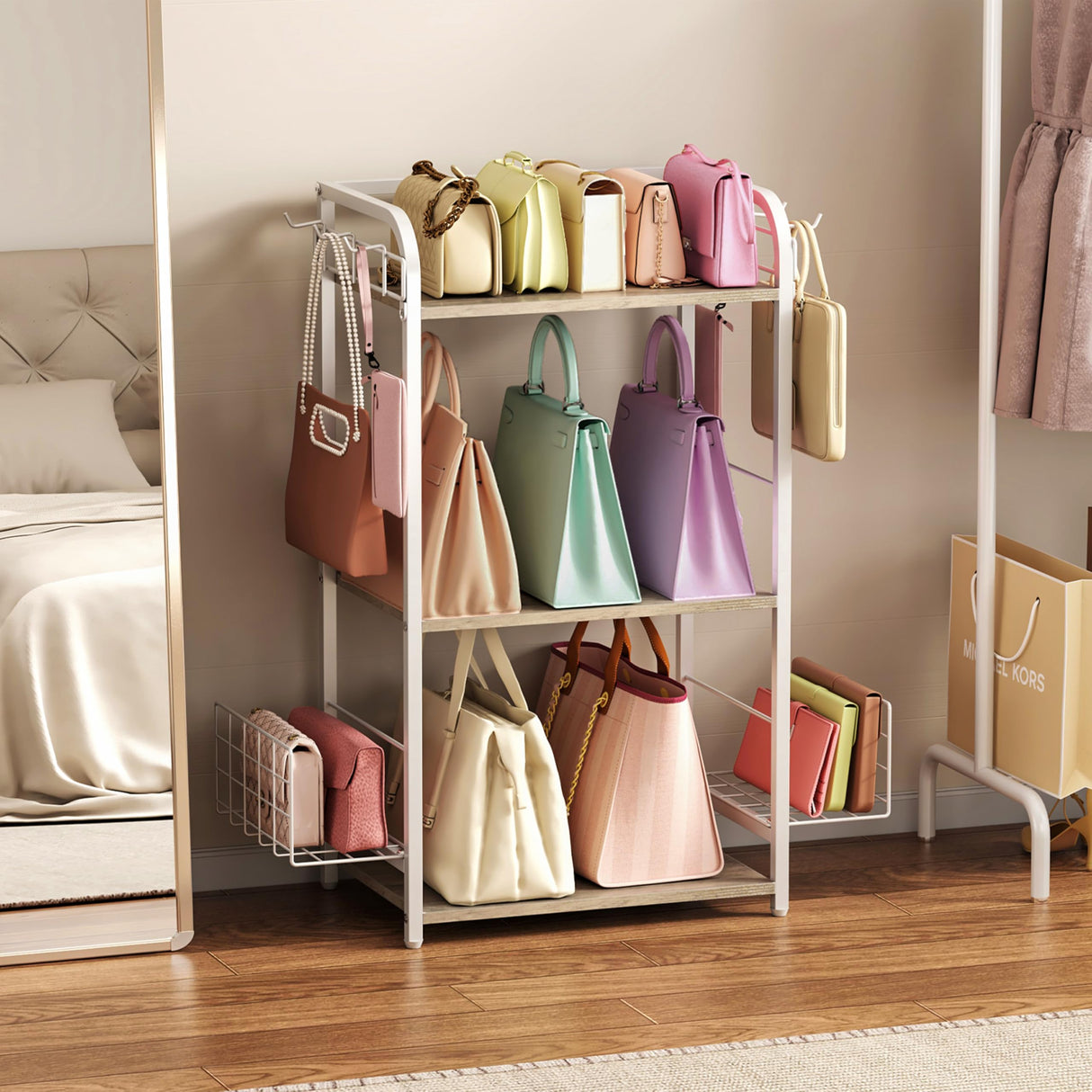 White Purse Organizer, 3-Tier Floor Standing Bag Rack Stand Featuring Side Hooks and Baskets, Adjustable Feets, High Capacity Metal & Wood Handbag Holder Design for Closet Storage, Patent Pending koozuuyk