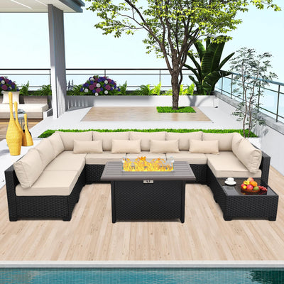 Rattaner 10 Pieces Outdoor Sectional All-Weather Wicker Patio Furniture Set Patio Sectional and Steel Fire Table and Glass Patio Table Non-Slip Cushions and Waterproof Covers, Khaki