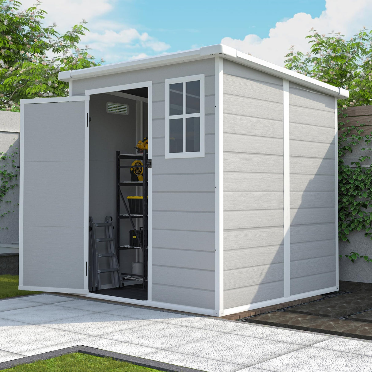 Outdoor Storage Shed 6x6 FT, Resin Lean to Shed with Floor, Window, Lockable Door, Waterproof Outside Sheds Patio Furniture Tool Shed for Bike, Garbage Can, Lawn Mower (Grey, 6 * 6ft) OUEEEDD