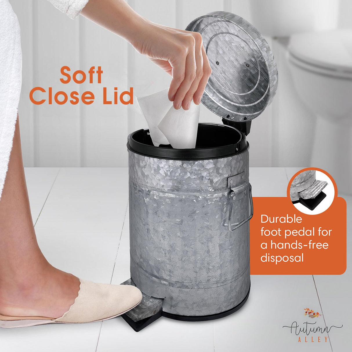 Autumn Alley Rustic Farmhouse Bathroom Trash Can - Pet Proof Galvanized Trash Can with Soft-Close Lid and Pedal for Rustic Bathroom Accessories, Kitchen Waste Basket, Country Home Décor, 5L, 1.3 Gal. Autumn Alley