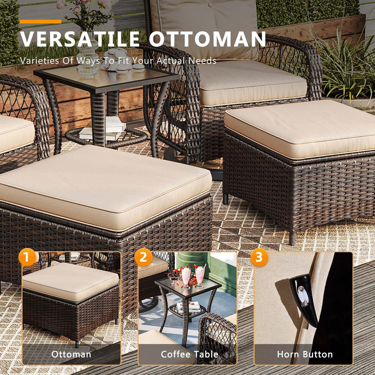 Jolydale 5 Pieces Patio Furniture Set Outdoor Wicker Rattan Swivel Gliders Rocker Patio Bistro Set with Rocking Chairs and Side Table for Deck, Backyard, and Porch, Beige Jolydale