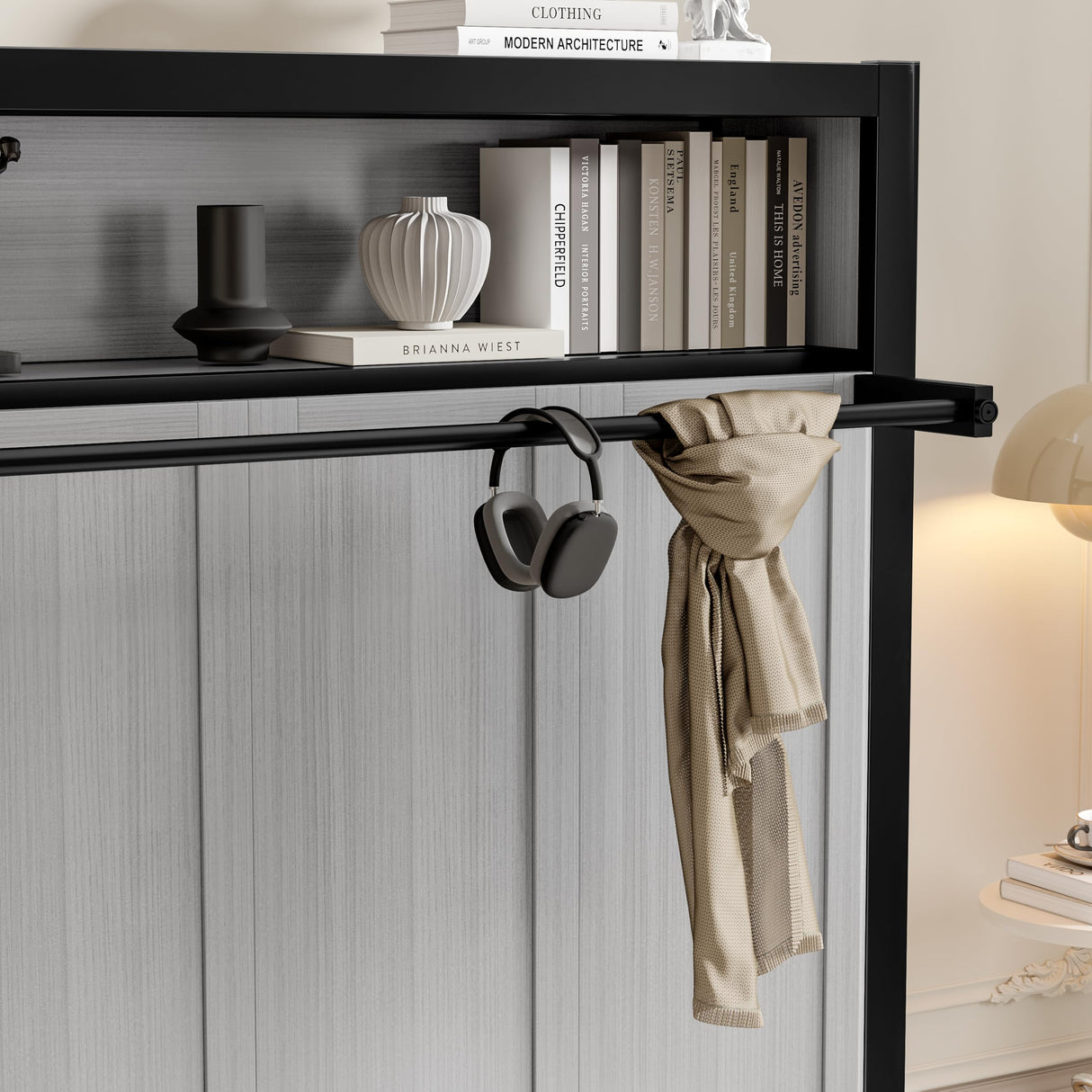 LUMISOL Twin Size Horizontal Murphy Bed with Shelves, Metal Wall Bed with Foldable and Space-Saving Design, Hidden Murphy Bed Frame, Gray LUMISOL