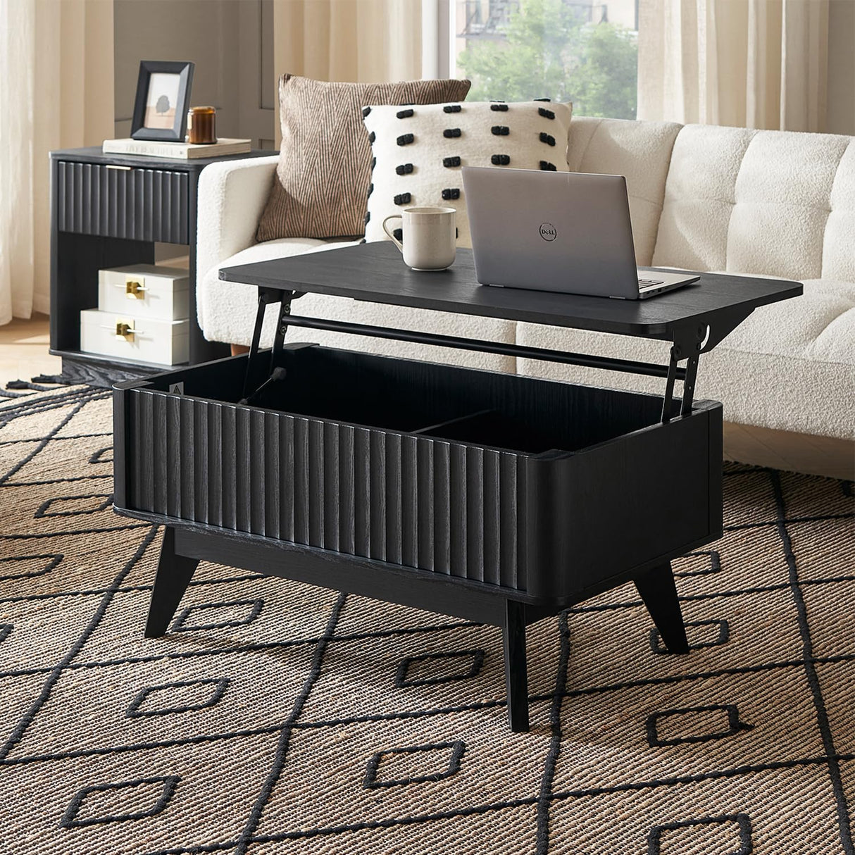 mopio Brooklyn Coffee Table, Lift Top Coffee Tables for Living Room, Mid Century, Modern Farmhouse Center Table with Lifting Top & Hidden Storage, Fluted Panel, Rising Pull Up Dining Table (Black Oak) mopio