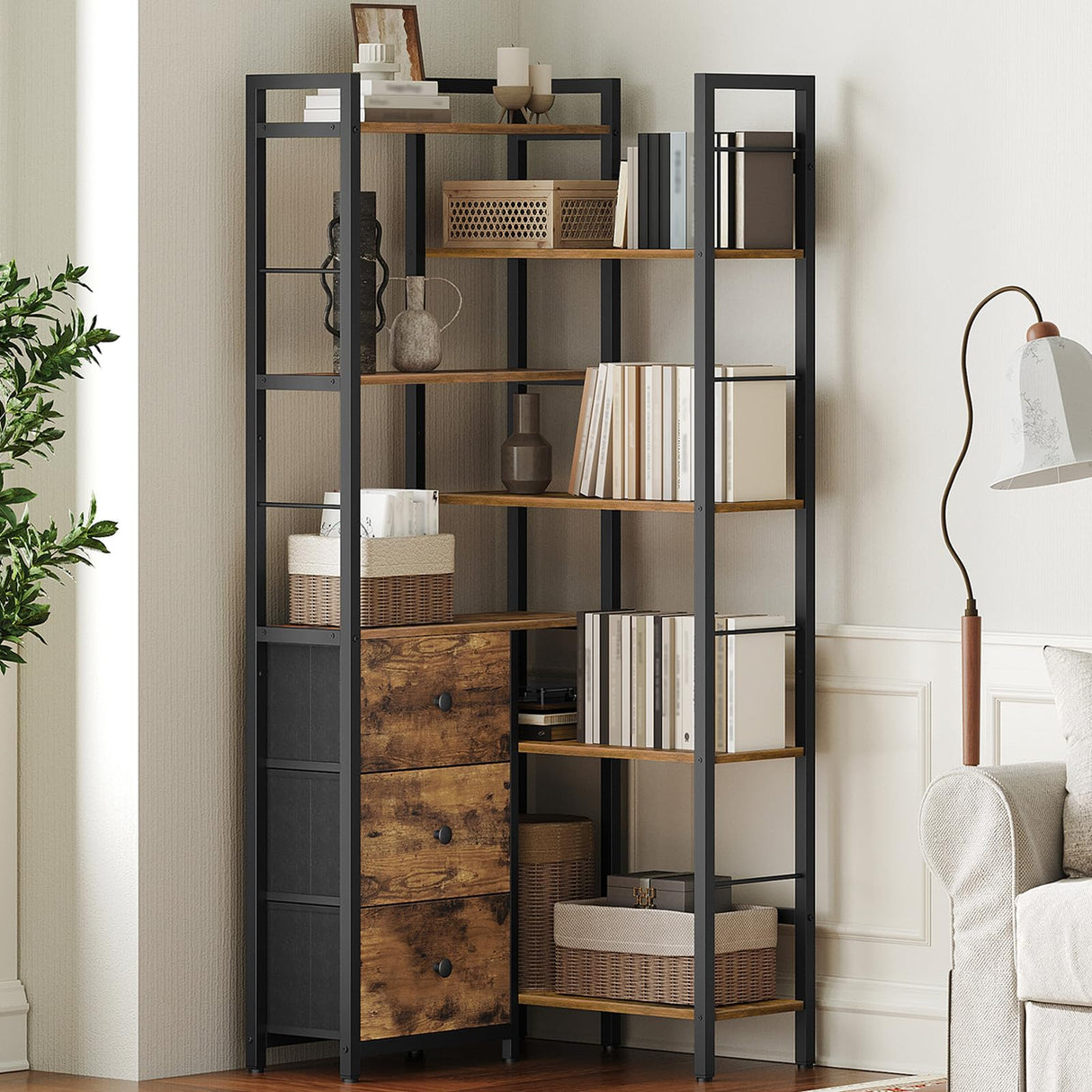 YATINEY Corner Bookshelf, 7 Tier L-Shaped Bookcase with 3 Drawers, Storage Corner Shelf, Freestanding Tall Display Shelf, Industrial Style, for Living Room, Home Office, Rustic Brown and Black SJ10BR YATINEY