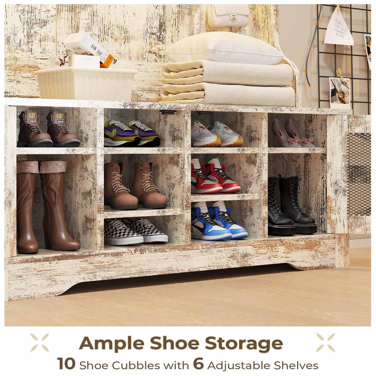 Itaar Hall Tree with Bench and Shoe Storage, 5-in-1 Entryway Bench with Coat Rack, 10 Shoe Cubbies & 9 Coat Hooks, Barn Door & Adjustable Shelf (Vintage White) Itaar