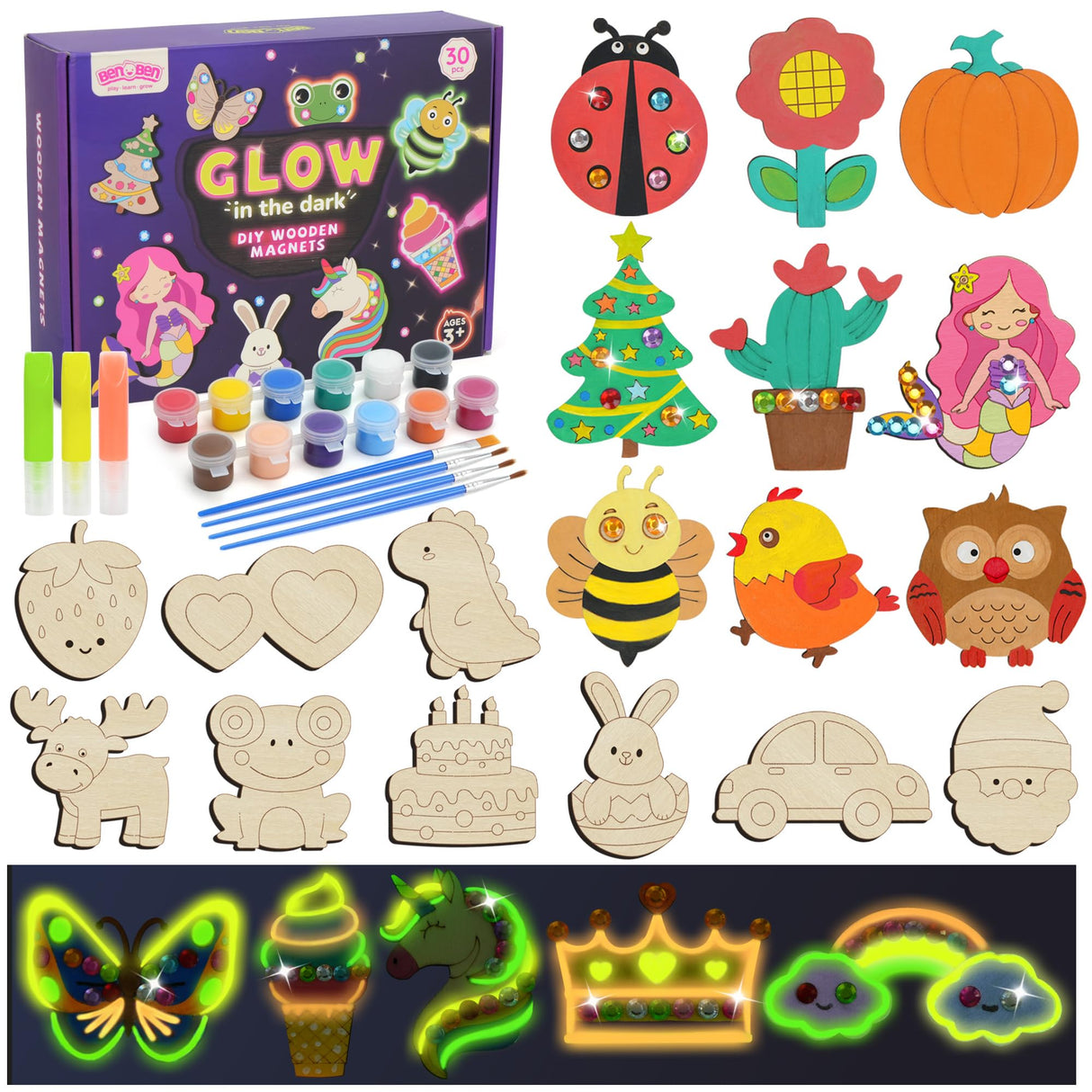 BenBen 30pcs DIY Wooden Magnets, Glow in The Dark Wood Crafts Kit for Kids, Arts & Crafts Supplies Painting Kit for Girls Boys Ages 4-8 8-12, Birthday Easter Gifts Toys BenBen