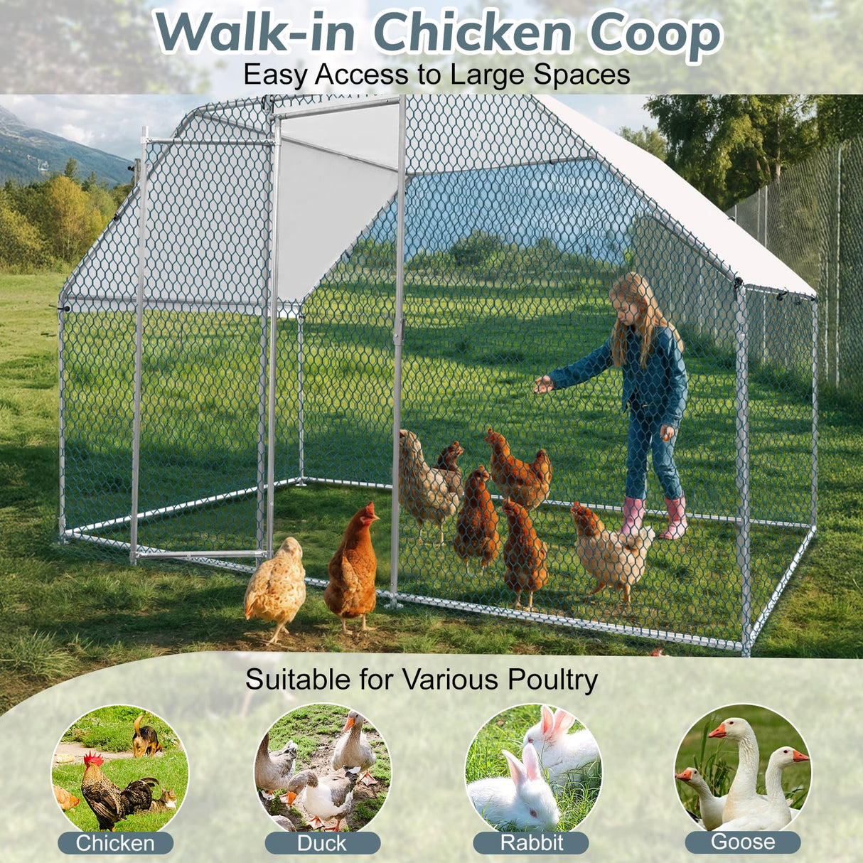 VINGLI Large Chicken Coop, Metal Poultry Cage for Chicken Run, Walk-in Flat-roof Chicken Pen with Waterproof & Anti-UV Cover Outdoor (6.5×9.8×6.5 ft) VINGLI