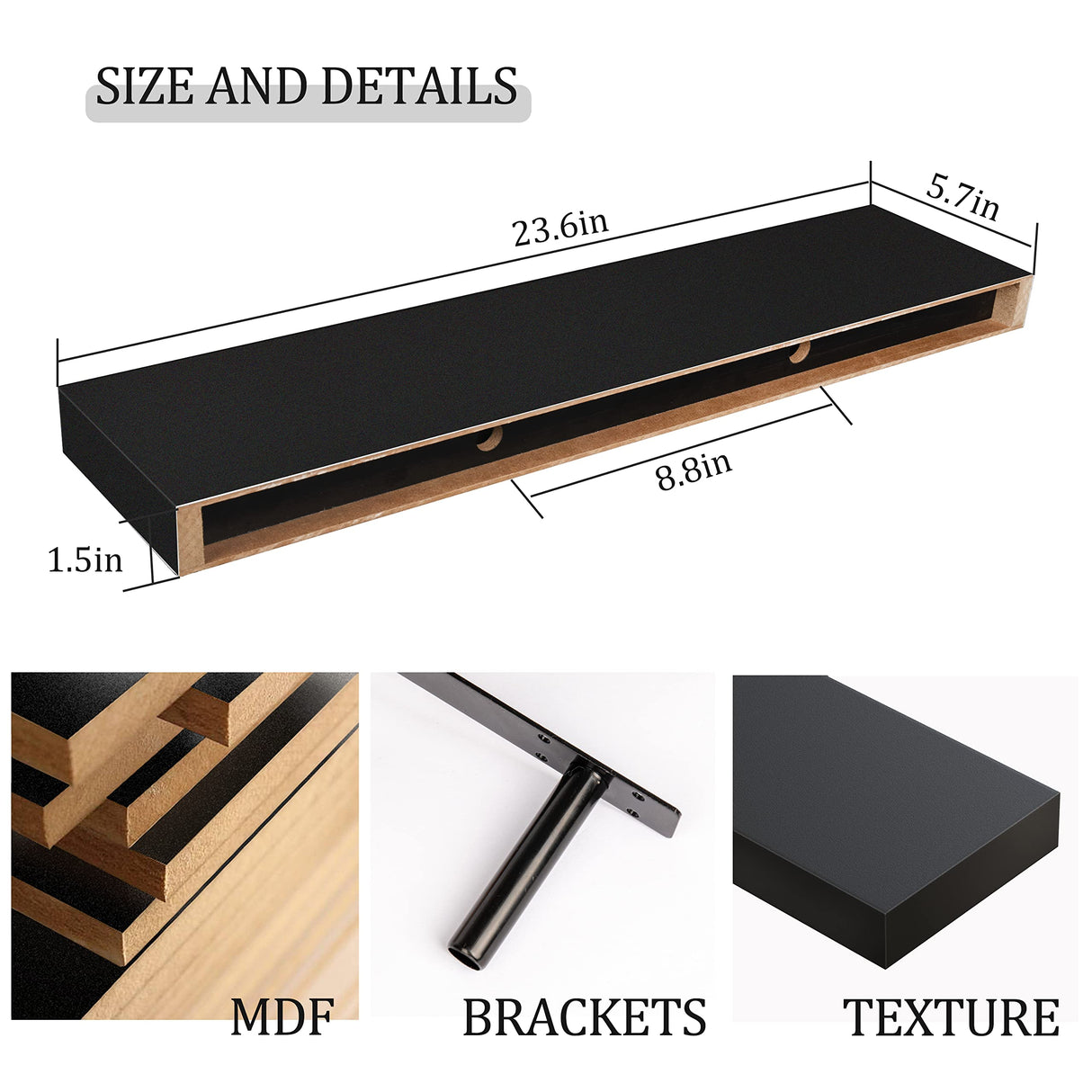 BAMEOS Floating Shelf,Wall Shelf,Decor Wall Mounted Shelves,Hanging Shelf Set L24xW6 for Bathroom Kitchen Living,Kitchen,Room Bedroom Storage,Black BAMEOS