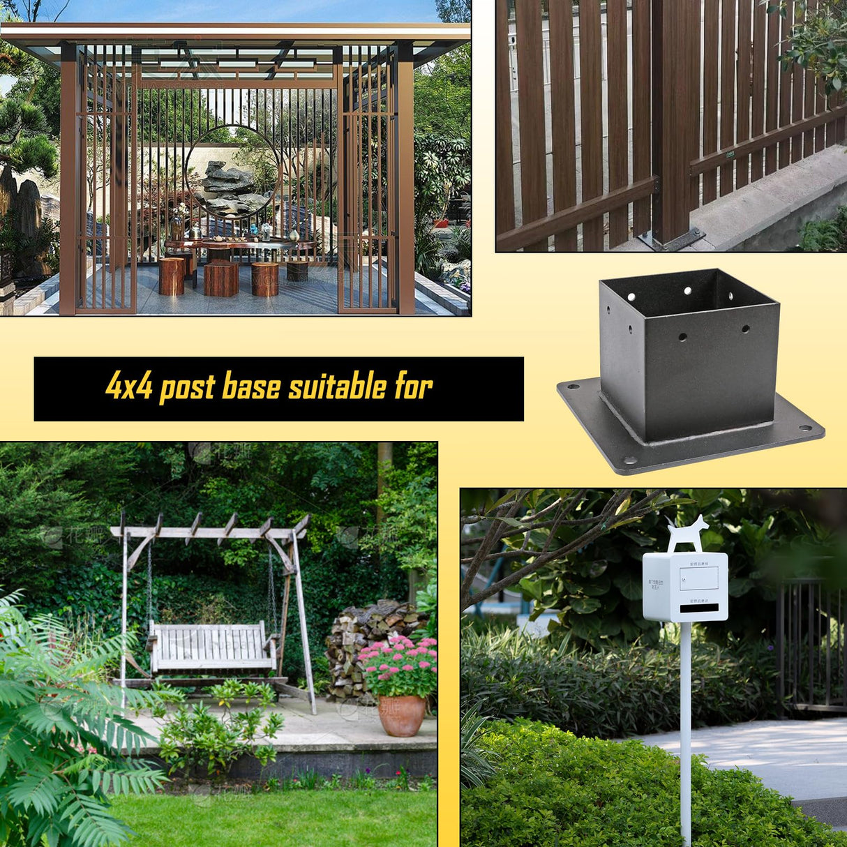 Voittozege 4 Pcs 4x4 Post Bracket Anchor Base, Deck Post Brackets Heavy Duty Wood Post Support Kit Black Powder Coated Heavy Fence Post for Wood Fence, Deck, Pergola and Mailbox Support Brackets Voittozege