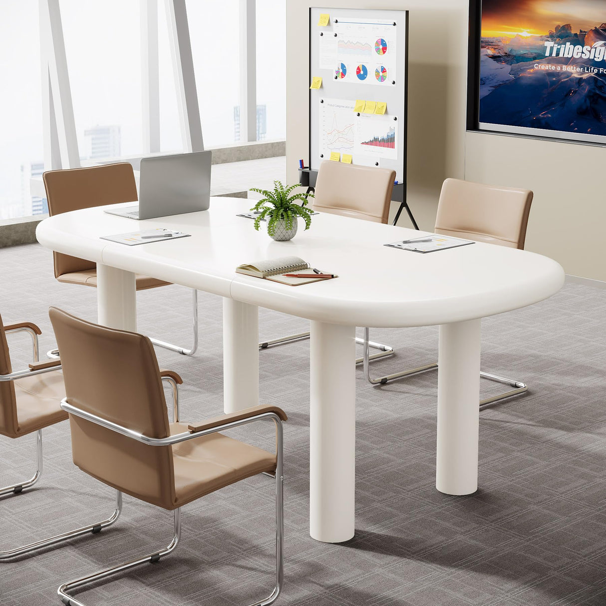 Tribesigns Conference Table, 63 Inches Modern Meeting Seminar Table for 6 People, Cream White Oval Training Table Boardroom Desk for Conference Room Tribesigns