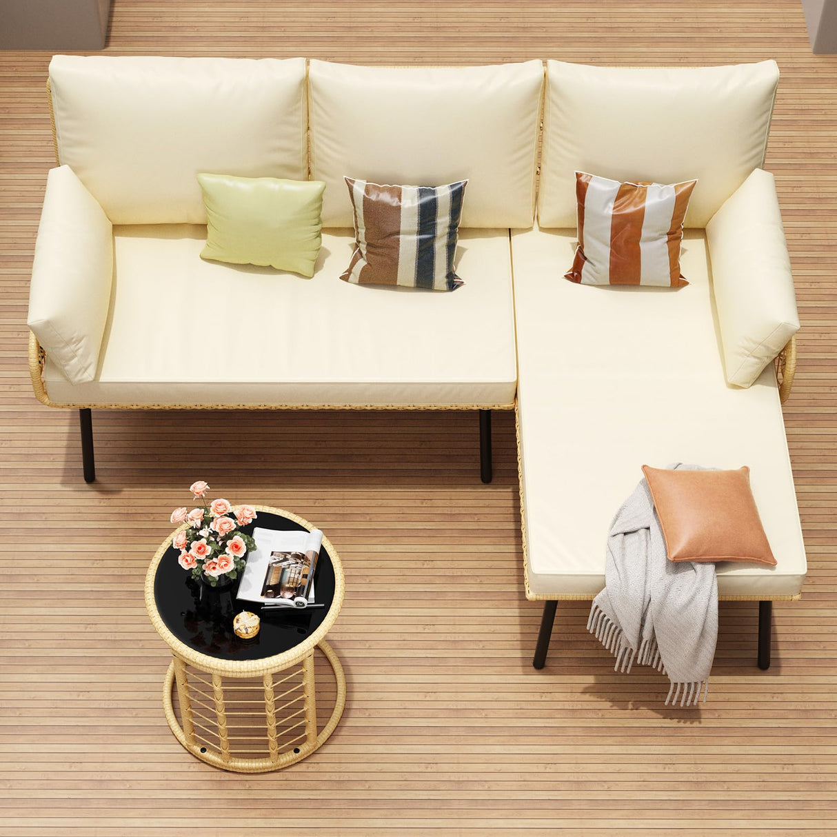 Garvee L-Shaped Outdoor Sectional Sofa 3-Piece with Plush Cushions, Weather-Resistant PE Wicker & Steel Frame, Fits 4-5 Adults, Easy Assembly, All-Weather Patio Furniture for Backyard, Deck, Poolside Garvee