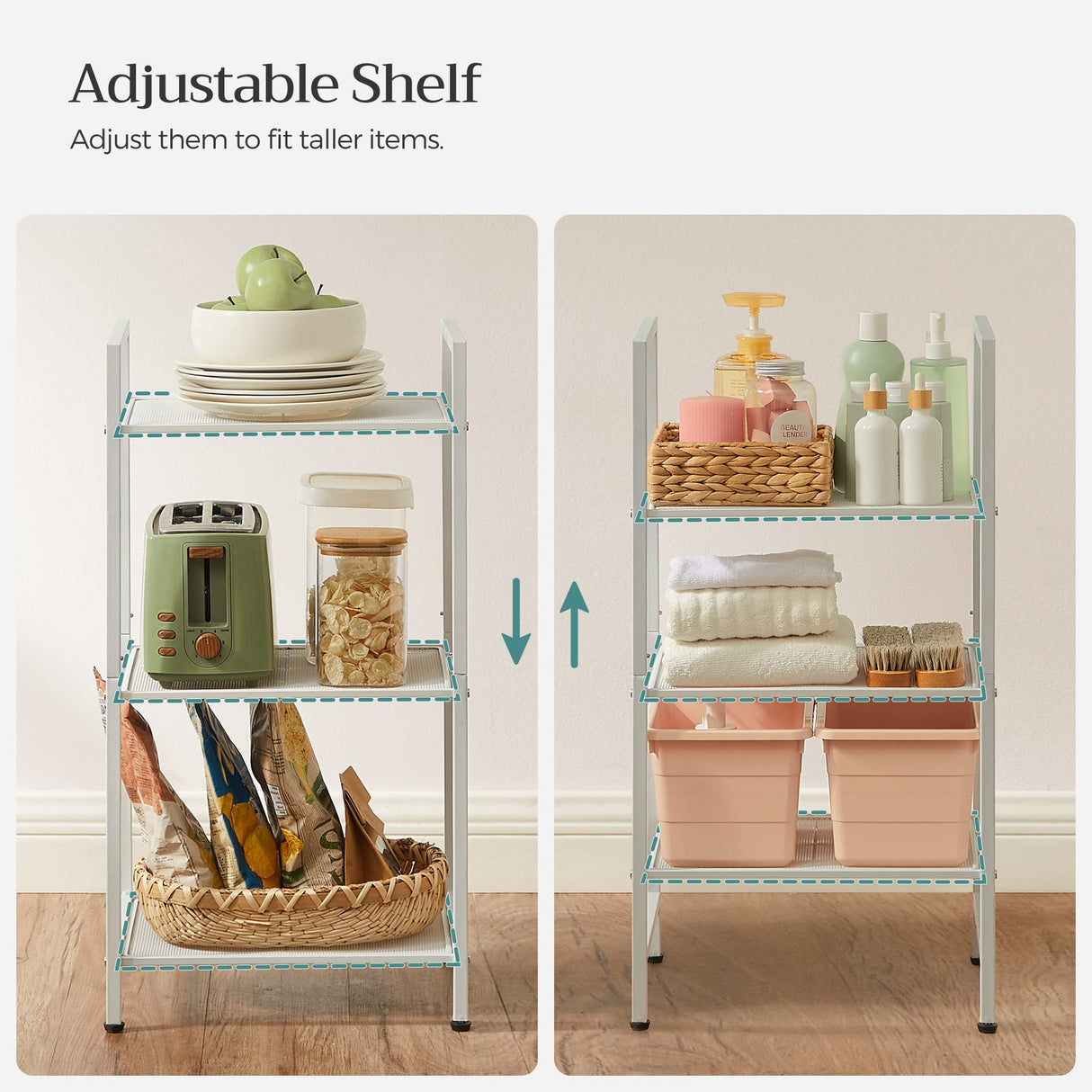 SONGMICS 3-Tier Storage Rack, Bathroom Shelf, Extendable Plant Stand with Adjustable Shelf, for Bathroom, Living Room, Balcony, Kitchen, White UBSC033W01, 11.8 x 15 x 28.4 Inches SONGMICS