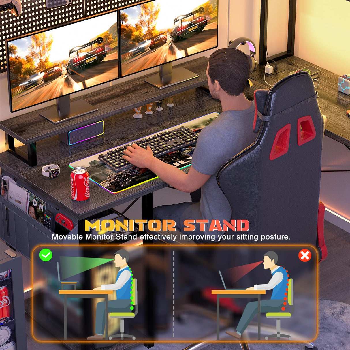 Aheaplus Small L Shaped Gaming Desk with LED Lights & Power Outlets, Reversible L-Shaped Computer Desk with Monitor Stand & Storage Shelf, Corner Desks Home Office Desk with Storage Bag, Grey Oak Aheaplus