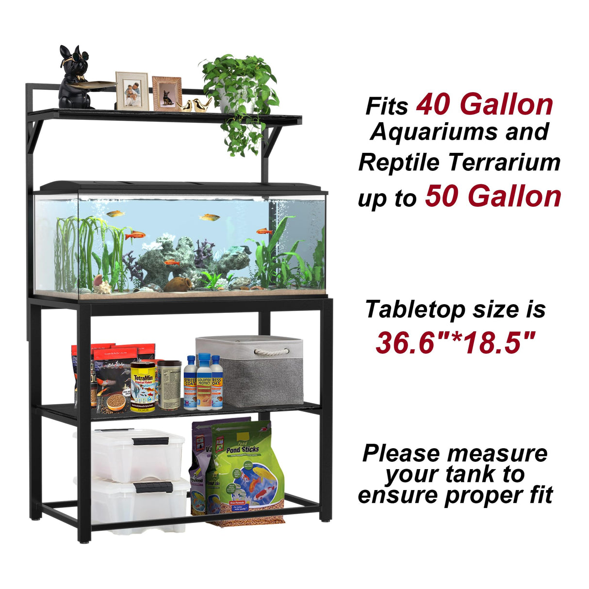 GDLF 40-50 Gallon Fish Tank Stand with Plant Shelf Metal Aquarium Stand with Storage Shelf 36.6" x 18.5" Tabletop Fits Turtle Tank, Reptile Tank or Bearded Dragon Tank GDLF