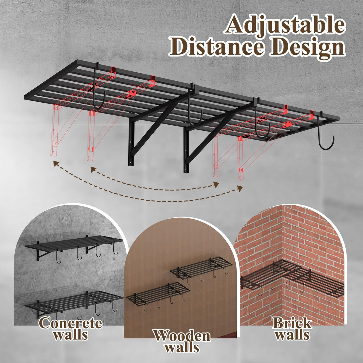 PEKGRIL Garage Wall Shelving Set of 2, 1.5X4 ft Garage Wall Shelves with 8 Hooks, Heavy Duty Wall Mounted Storage Shelf, Loads 260 lbs Each Metal Wall Shelf, Black PEKGRIL