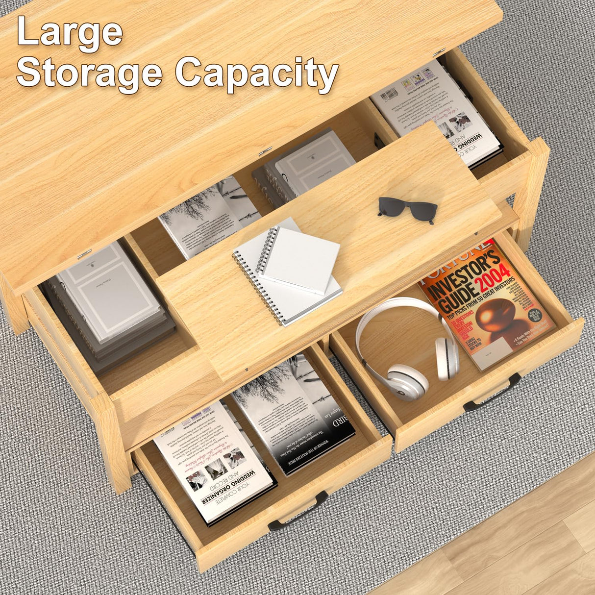 SYESWAY Lift Top Coffee Table, 3-in-1 Multifunctional Coffee Table with Drawers and Hidden Compartments, Coffee Table Converts to Dining Table, for Living Room, Dining Reception Room, Wood SYESWAY