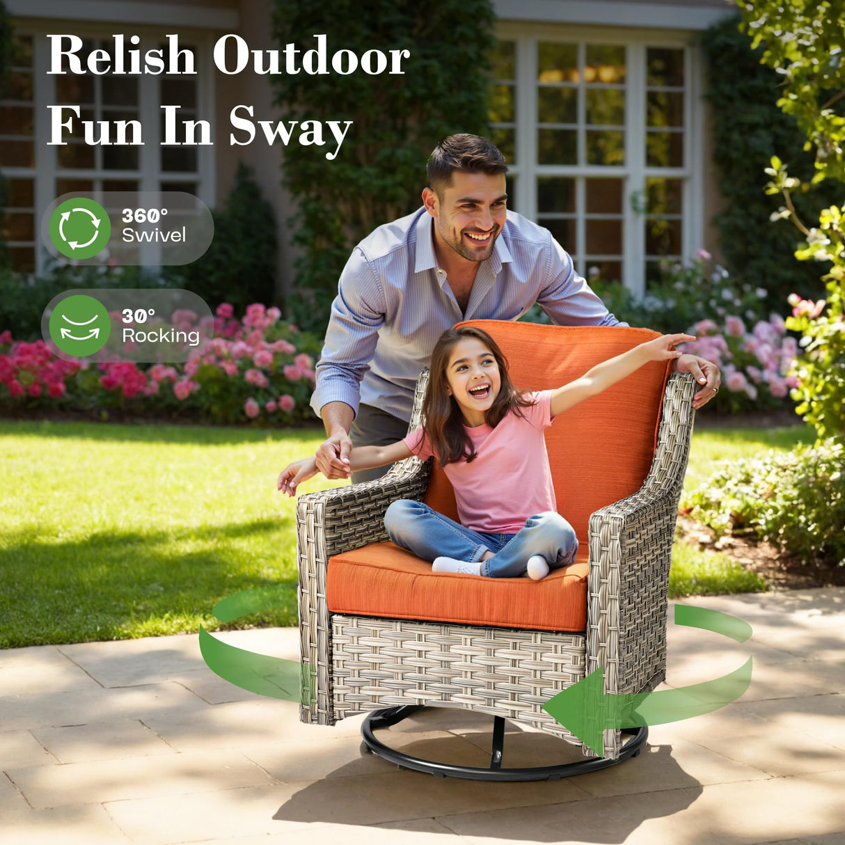 ovios Outdoor 5 Piece Patio Furniture with Fire Pit Table,Wicker Coversation Set with Swivel Rocking Chair,Comfy Sectional Deep Sofa for Outside Porch Balcony Backyard Pool,Orange ovios