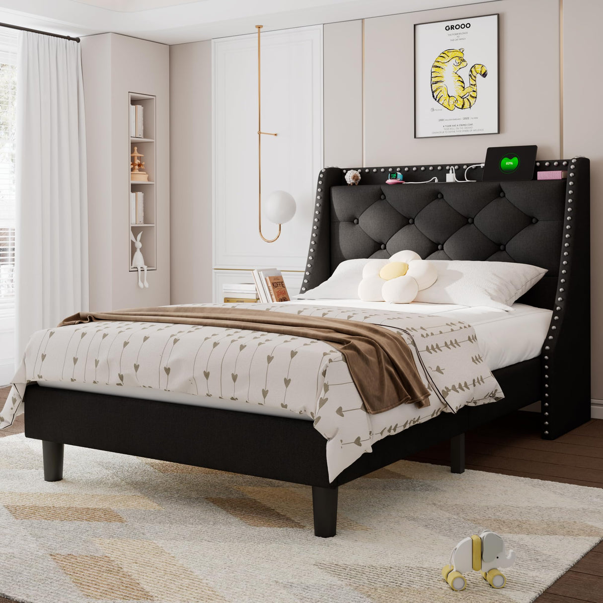 Feonase Twin Bed Frame with Luxury Wingback Upholstered Button Tufted Storage Headboard, Twin Platform Bed with Charging Station, Sturdy Wooden Slats Support, Noise-Free, Easy Assembly, Black Feonase