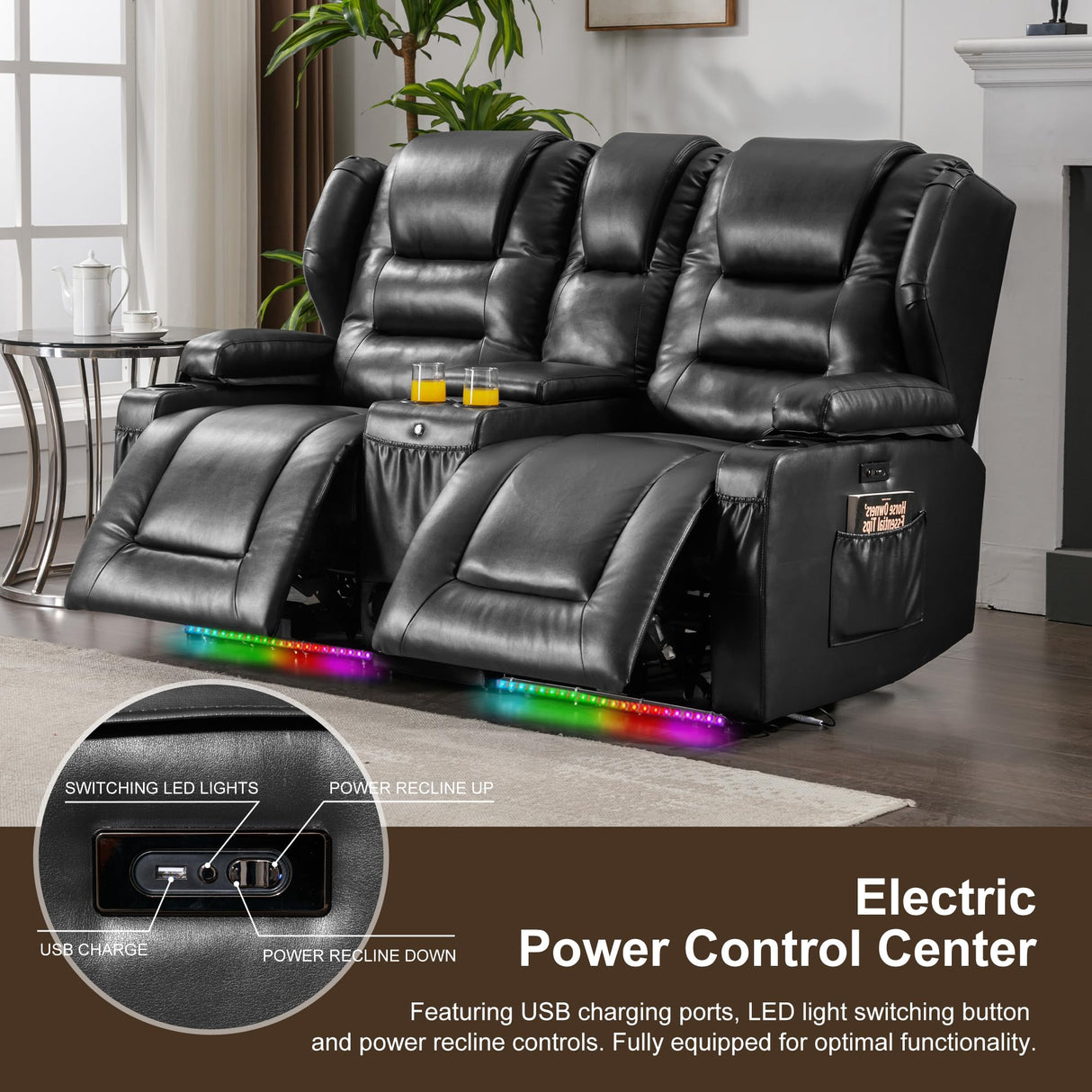 DRMBOOK RV Power Loveseat Recliner Sofa, Faux Leather Double Wall Hugger Reclining Sofa with Console, Home Theater Seating Chair with Cup Holders, 2 Person Couch RV Furniture for Living Room, Black DRMBOOK