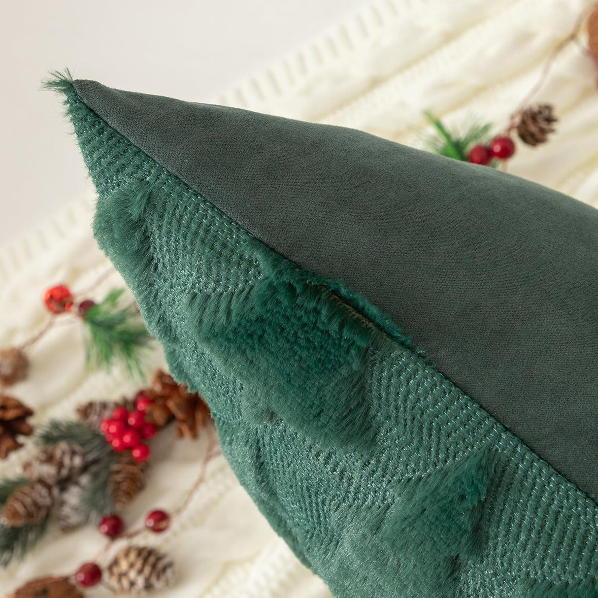 TBAVNOSY Christmas Tree Pillow Covers Set of 2 18x18 inches, 3D Xmas Tree Shaped Faux Fur Throw Pillow Covers for Couch, Sofa, Living Room Winter Holiday Decor, Farmhouse (Dark Green) TBAVNOSY