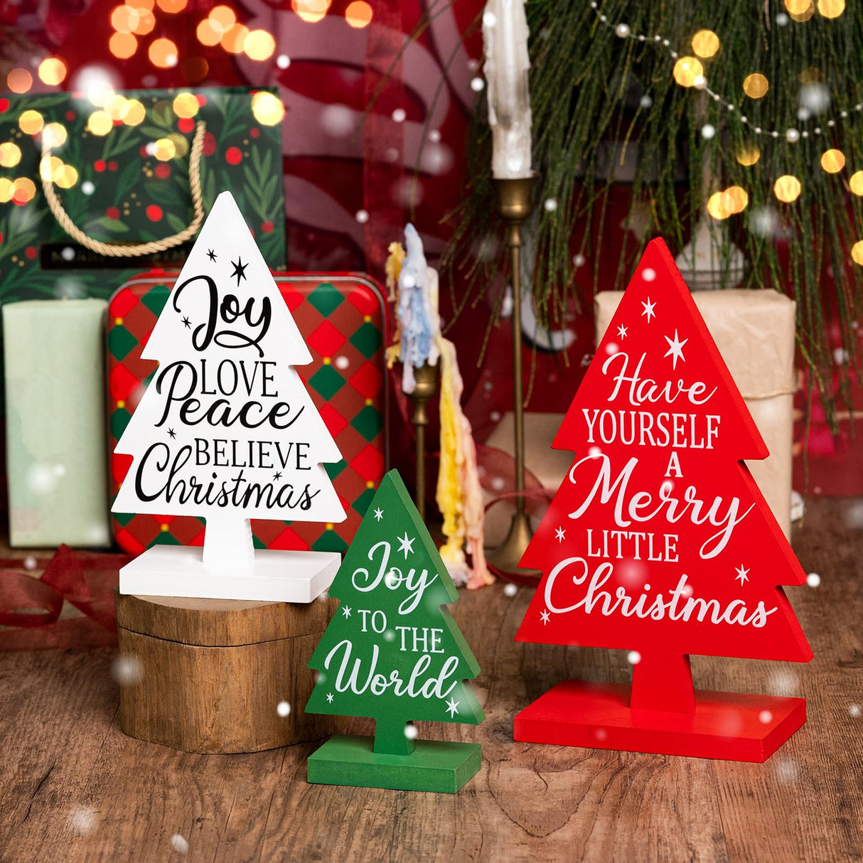 3 Pcs Wooden Christmas Trees Table Sign Decorations Different Patterns Double-sided Printing, Rustic Christmas Tree Farmhouse Tabletop Decor, Multiple Styles Sizes Xmas Christmas Tiered Tray Decor Sophena