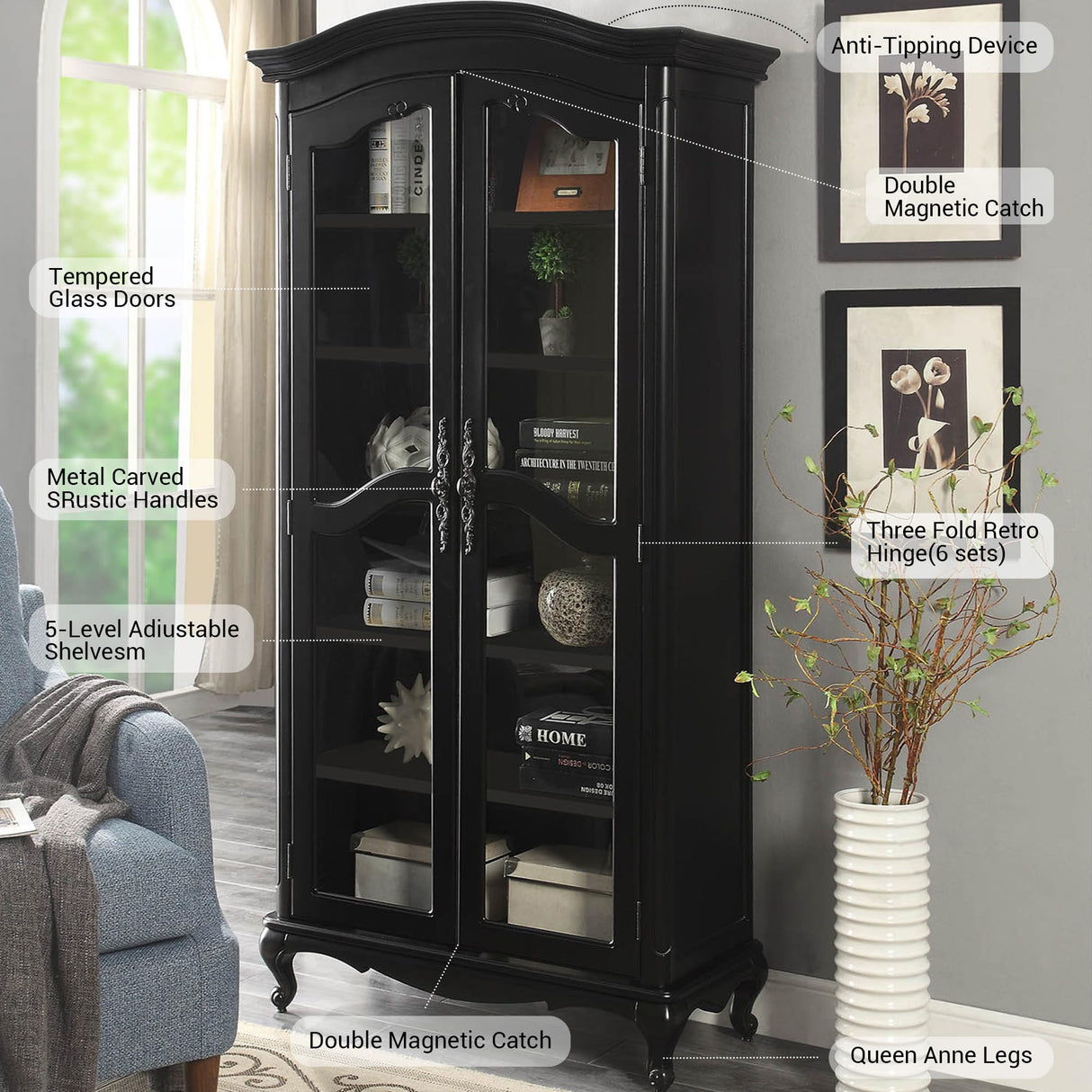 Farmhouse Arched Display Cabinet Bookcase Bookshelf with Glass Doors and Adjustable Shelves, 72" Tall 6 Tiers French Country-Inspired Wooden Curio Cabinet for Living Room, Office (Distressed Black) ZESTO PASSION FOR LIVE