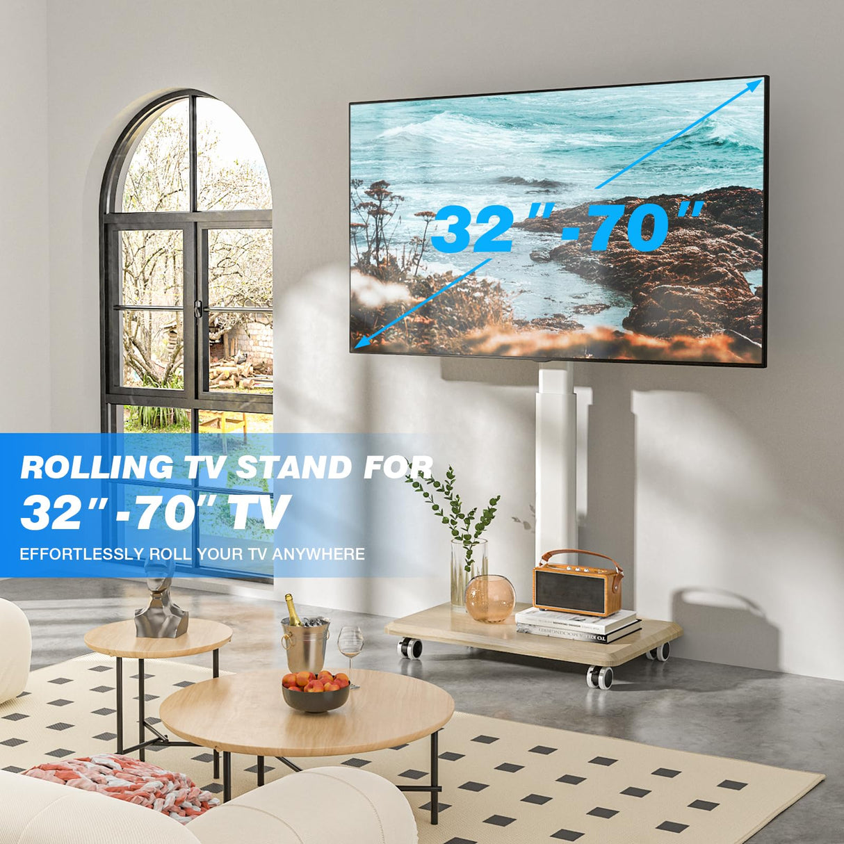 Rfiver Sleek Rolling TV Stand with Power Outlet for Home Decor, Height Adjustable Portable TV Stand on Wheels for 32-70 Inch TVs, Strong Tall Mobile TV Cart with Mount Up to 88 lbs, White Rfiver