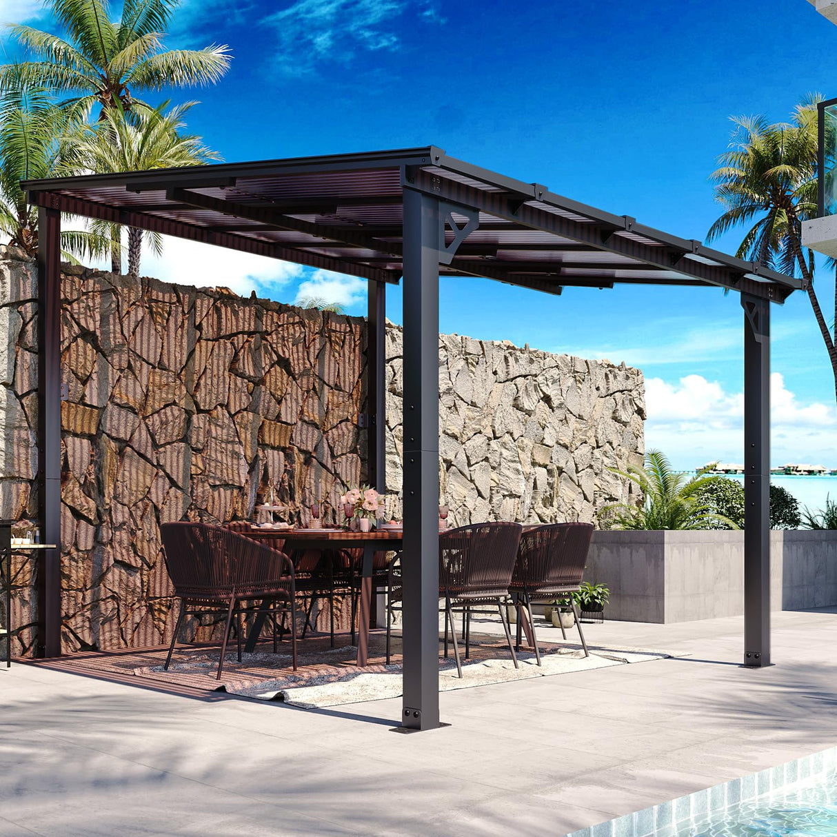 Aoxun 10’x 10’ Gazebo, Wall Mounted Gazebos Pergola, Outdoor Patio, Gazebo Awnings with Sloped Roof, for Backyard, Porch, Deck Aoxun