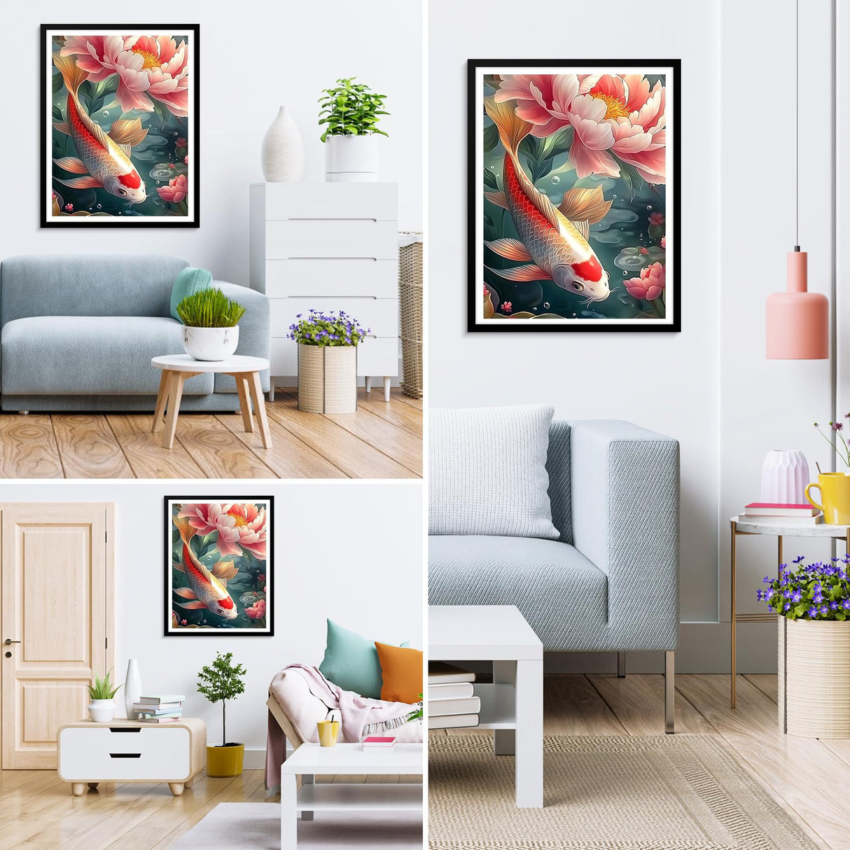 MXJSUA Koi Fish DIY Diamond Painting by Number Kits for Adults, Peony Flower 5D Round Drill Diamond Gem Art Painting Picture Arts Kits Craft for Home Wall Decor 12x16 Inch MXJSUA