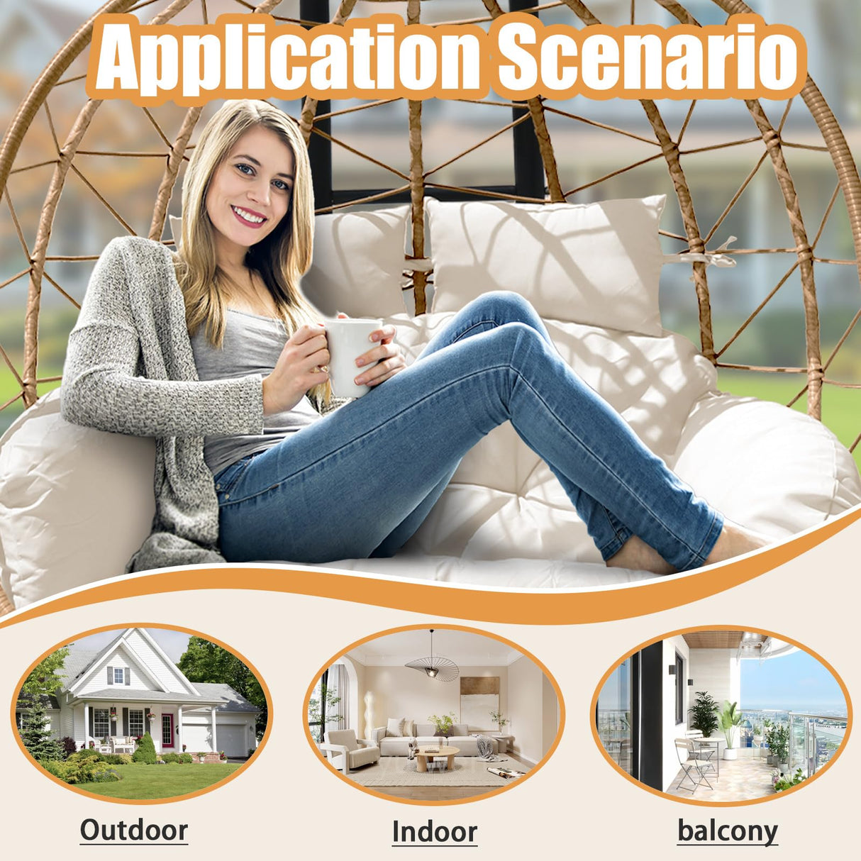 Nevsokio Double Egg Swing Chair with Stand - 2 Person Hammock Egg Chair for Outdoor, Patio, Garden & Balcony - Heavy-Duty Steel Frame, All-Weather Pe Rattan & Uv-Resistant Cushions (White) Nevsokio