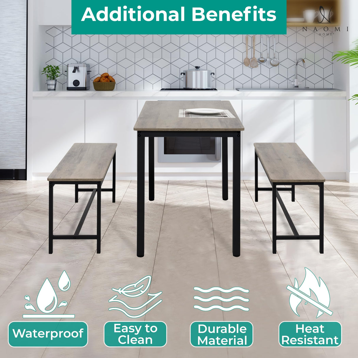 Naomi Home Paola 3-Piece Dining Table Set with 2 Benches – Compact Kitchen Table with Space-Saving Slide-Under Seating, Gray Engineered Wood Top & Steel Frame, Ideal for Apartments & Small Spaces Naomi Home