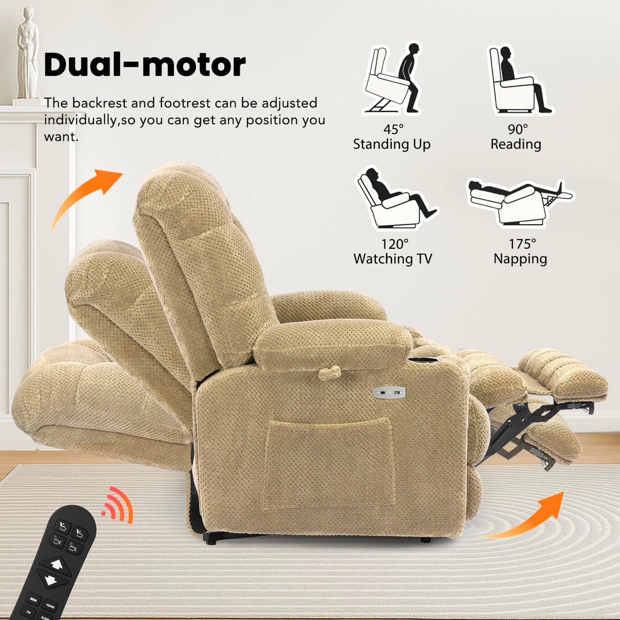 EONIX Wide Power Lift Recliner Chair for Elderly, 400lbs Heavy Duty Oversized Lift Chair with Heat and Massage, Lay Flat Power Lift Recliner with Cup Holders and Charging Ports, Beige EONIX
