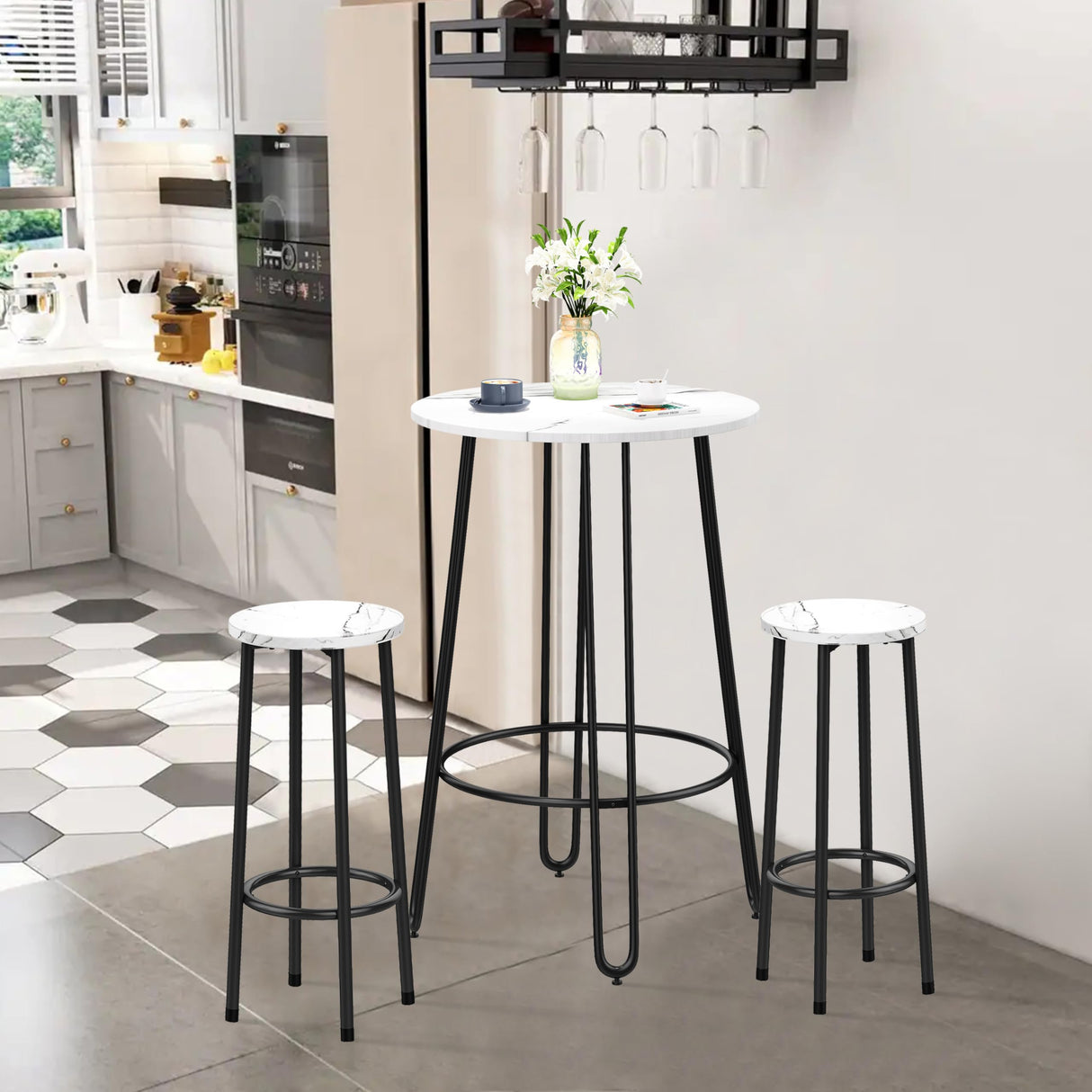 ALISH 40.5" Round Bar Table Pub Table Bar Height Table Tall Bistro Bar Dining Table with Metal Frame & White Top ALISH