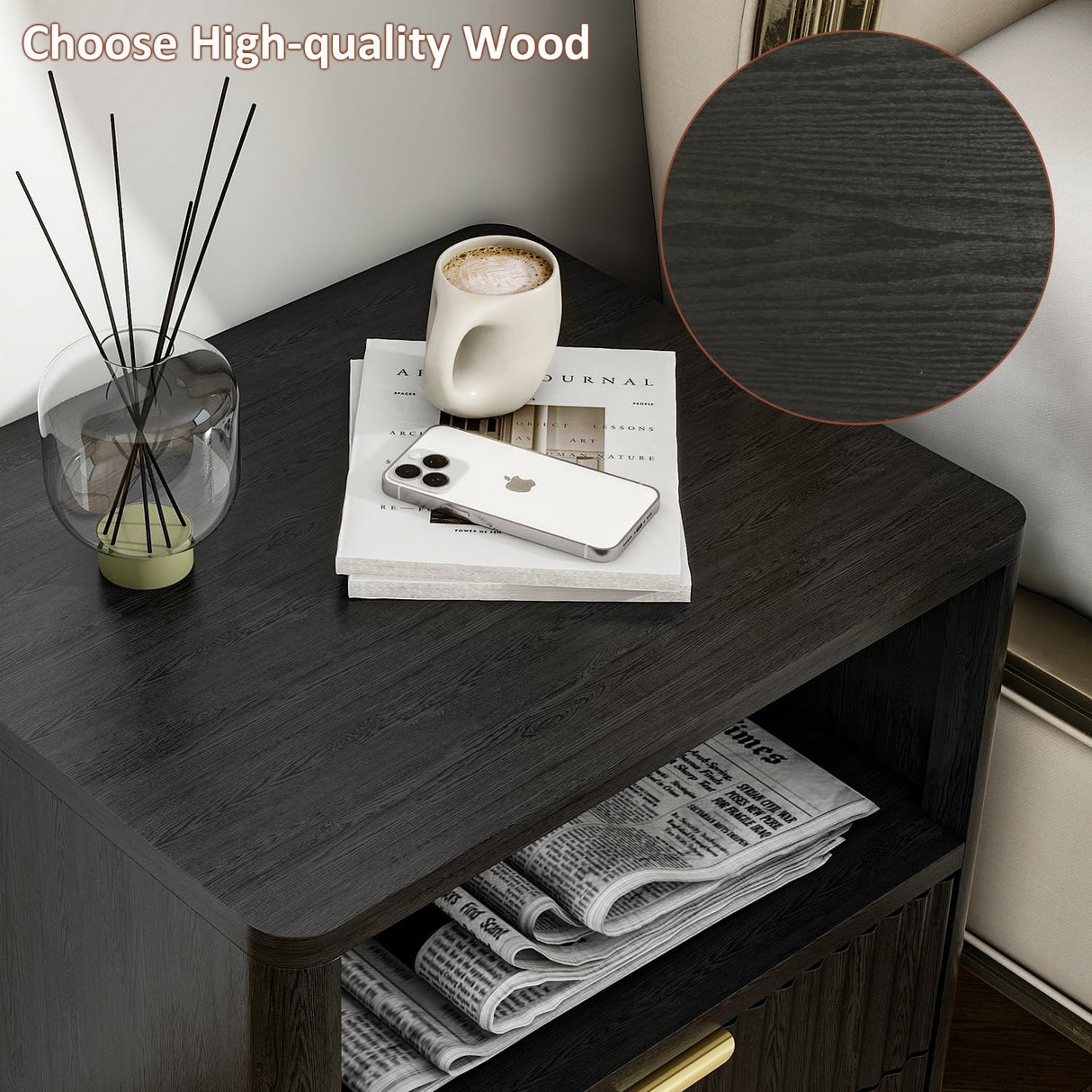 Fluted Nightstands Set of 2, Black Night Stands with 2 Drawers and Open Shelves, Wooden Bedside Table Modern Design End Table for Bedroom Sofa Office (2, Black) ROCSUMOO