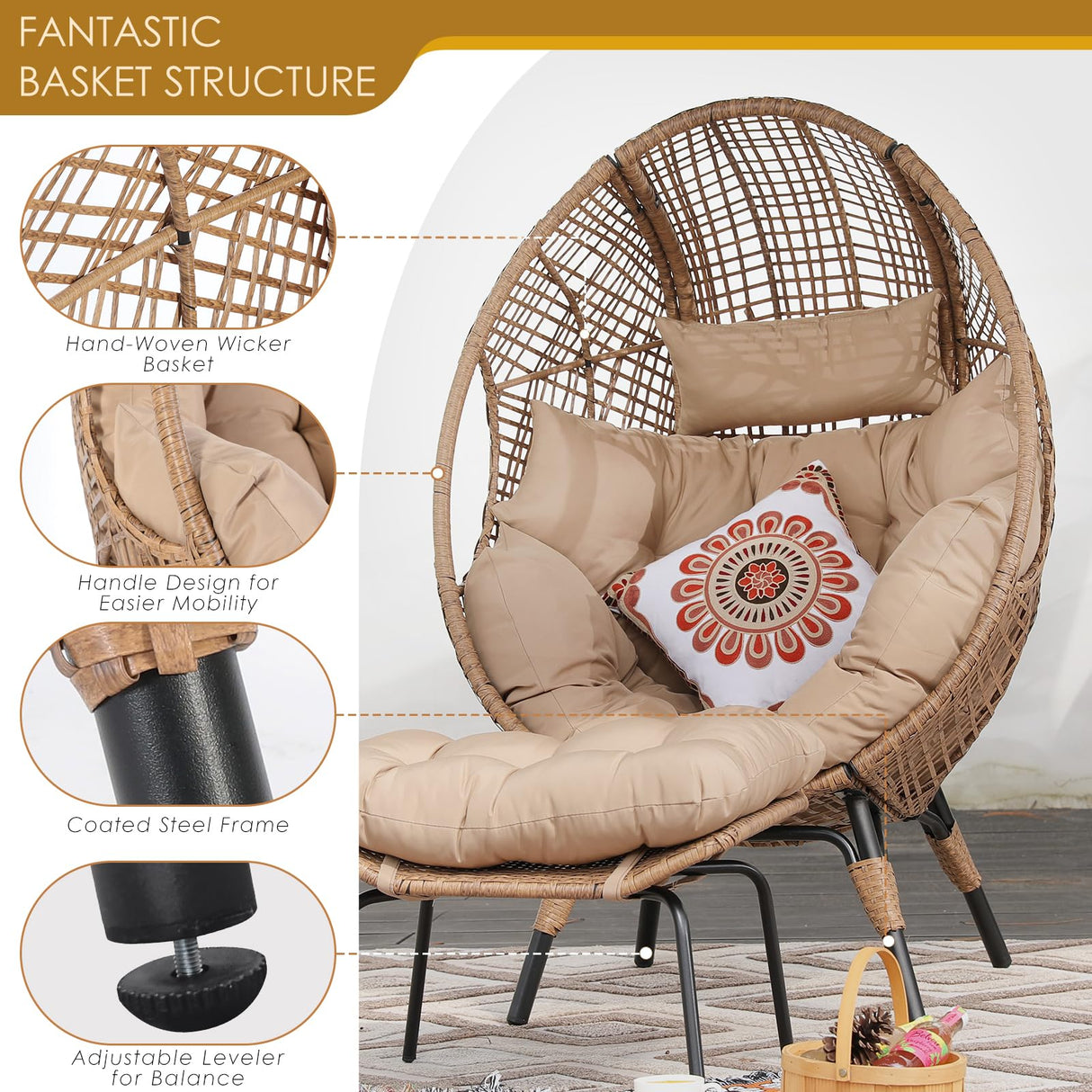 NICESOUL Egg Chair Indoor Outdoor, Large Egg Lounge Chair w/Ottoman, Oversized Comfy Cushioned Brid Cage Seat 440lbs, Boho Nest Seat with Footstool for Patio, Bedroom, Lawn, Backyard, Brown NICESOUL