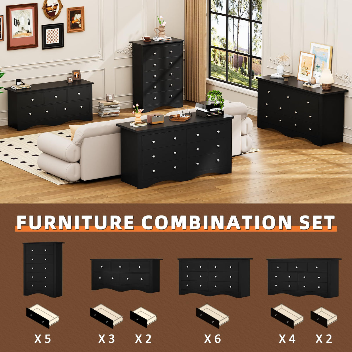 Flamaker Tall Dresser for Bedroom, 5 Drawer Dresser, Wood Dressers, Wide Chest of Drawer, Storage Drawers, Storage Organizer for Closet, Hallway (Black) Flamaker