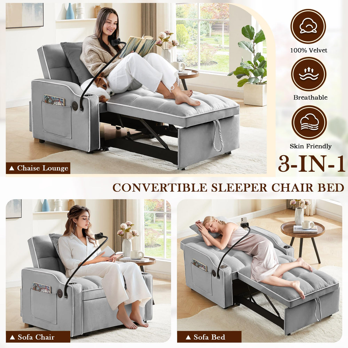 SLEERWAY 3-in-1 Convertible Futon Sofa Bed Chair, Multi-Functional Sleeper Chair Bed with Pull Out Couch and Adjustable Backrest, Modern Velvet Chaise Lounge Armchair for Living Room Bedroom, Grey SLEERWAY