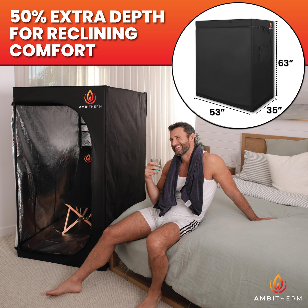 AMBITHERM Large Portable Infrare d Sauna for Home – Extra Large Sauna Tent - 50% More Leg Room – Touch-Sensitive Entertainment Pocket– Reclining Beechwood Chair with Washable Fitted Towel AMBITHERM
