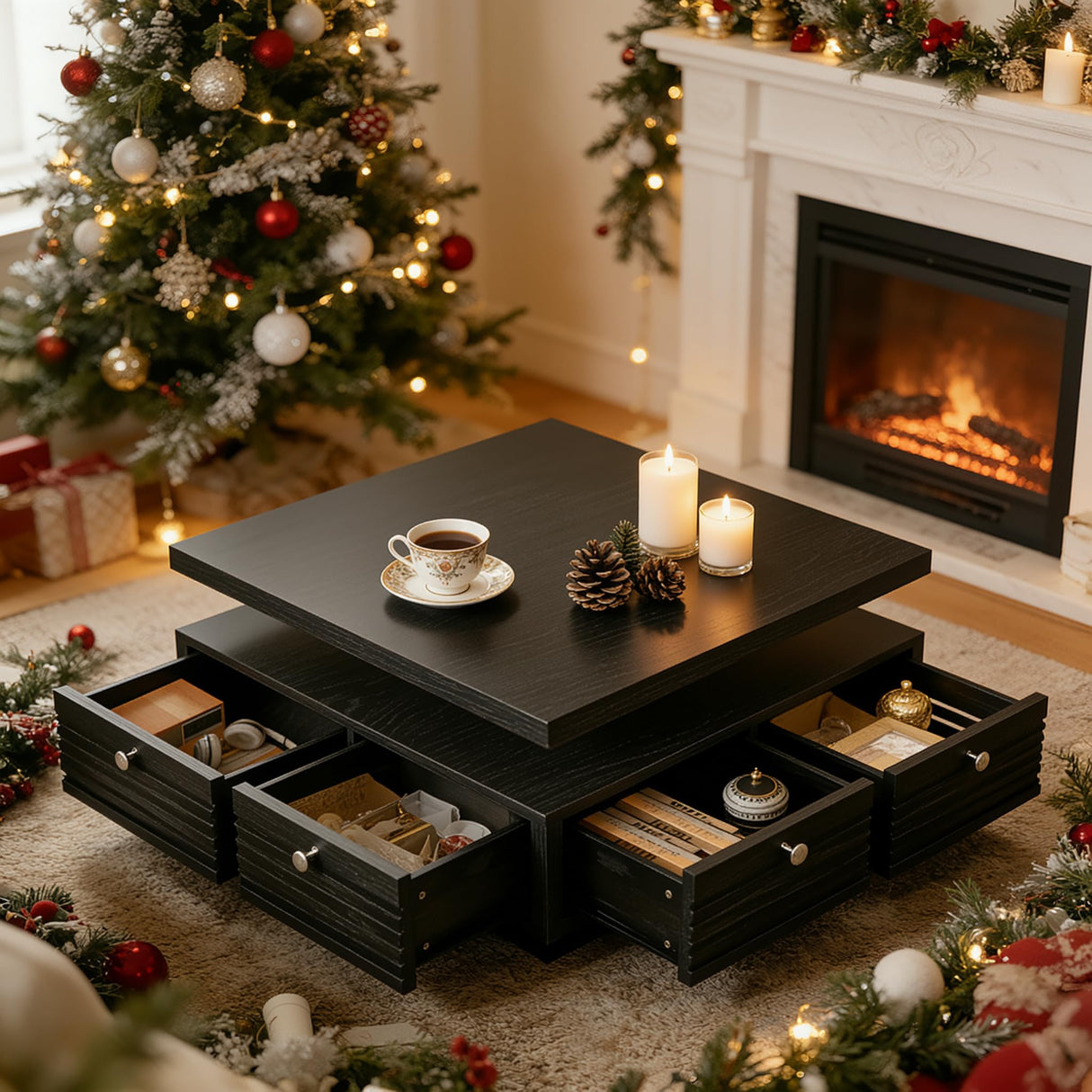 IRONCK Mid Century Modern Coffee Table with LED Lights & Charging Station, 4 Storage Drawers with Grille Design, Square Wood Coffee Table for Living Room Office, (Black) IRONCK