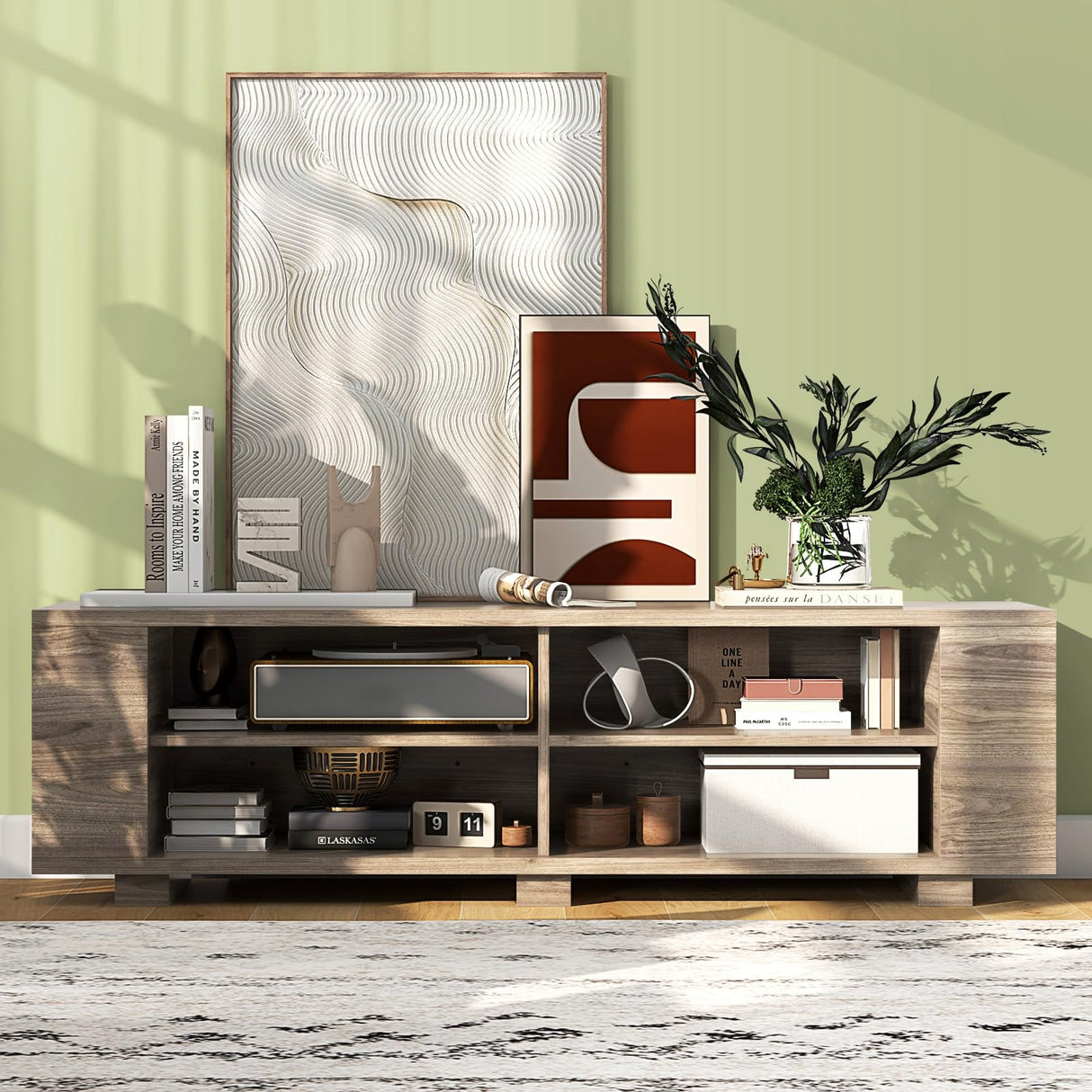 Tangkula Wood TV Stand for TVs up to 65 Inch Flat Screen, Modern Entertainment Center with 8 Open Shelves, Universal TV Storage Cabinet for Living Room Bedroom, TV Console Table (Warm-Grey) Tangkula