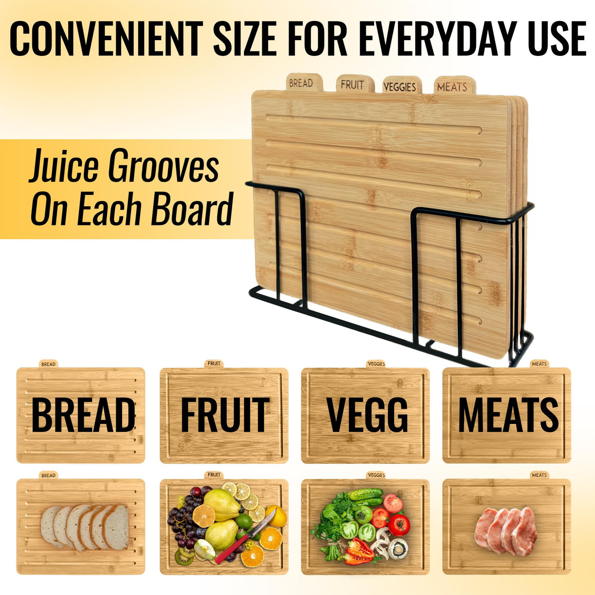 Modernlyst Bamboo Cutting Boards for Kitchen with Holder 13" x 11" x 2.5" | Labeled Wood Cutting Board Sets | Large Wooden Cutting Board Set of 4 with Black Organized Stand | Non Toxic Chopping Board Modernlyst
