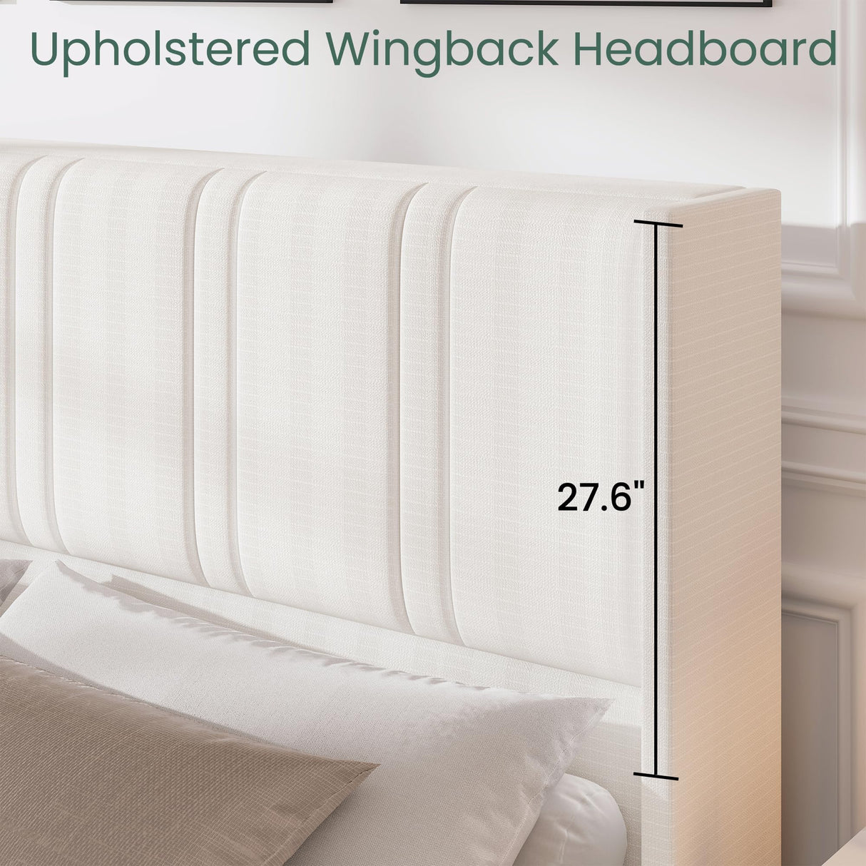 LARMACE King Size Bed Frame with 4 Storage Drawers and Wingback Headboard Linen Upholstered Platform Bed Frame with Wooden Slats, Easy Assembly, White LARMACE