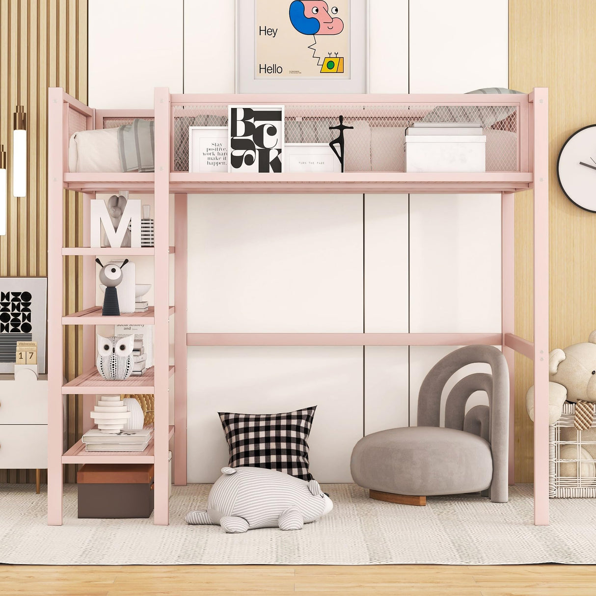 YOPTO Tiwn Size Metal Loft Bed with 4-Tier Shelves and Storage,Heavy Duty Metal Loft Bed Frame w/Bookshelf,No Box Spring Needed,for Kids Teens Adults,Pink YOPTO