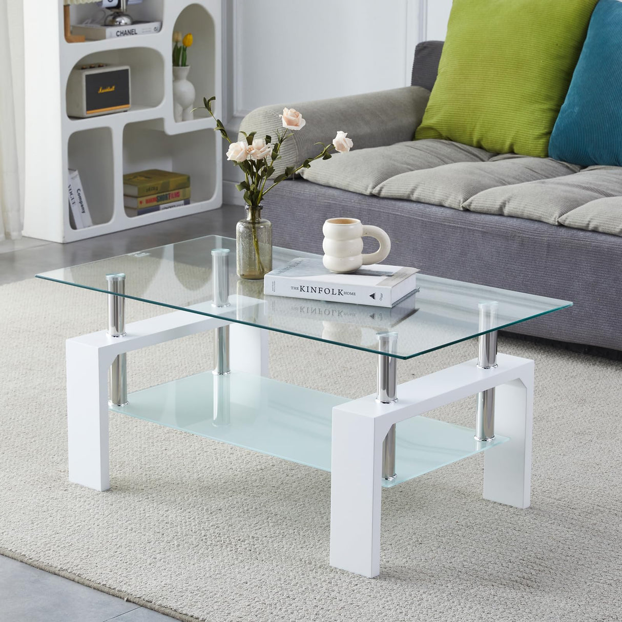 Kebynti Coffee Table - Rectangle Glass Coffee Table with Simple and Classical Inspired Design, Easy Assembly for Modern Living, 39.5 * 23.5 * 17.5 inches (White) Kebynti
