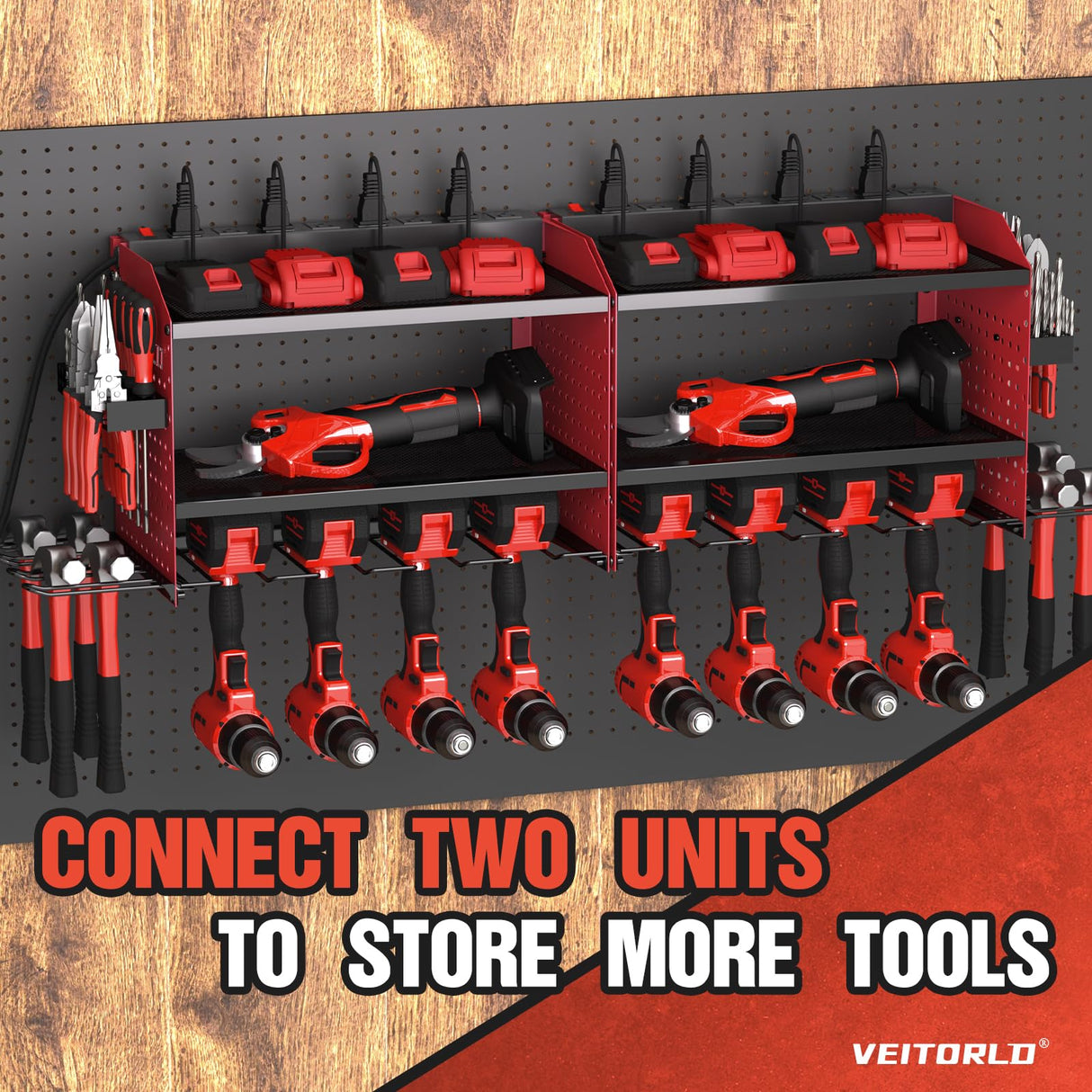 Veitorld Power Tool Organizer with Charging Station - 4 Drill Holders - Heavy Duty Modular Wall Mount Rack for Garage, Tool Storage Organizer - Christmas Birthday Gifts for Men Dad Him Husband Veitorld